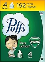 Puffs Plus Lotion Facial Tissues with Vicks Scent, 4 Cubes (192 Tissues) - Soothing Softness for Sore Noses