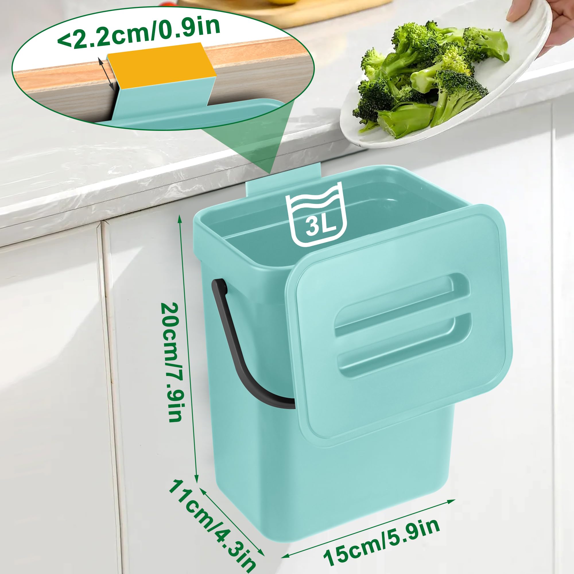 Secchio da Compost da Cucina Piccolo Bidone della Spazzatura Sospeso con Coperchio 3L Secchio di Rifiuti Organici per Cucina Blu