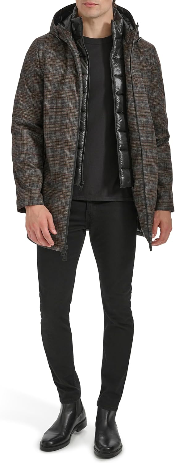 Kenneth Cole Men's Water Resistant Printed Wool Midweight Hooded Stadium Coat W/Quilted Bib