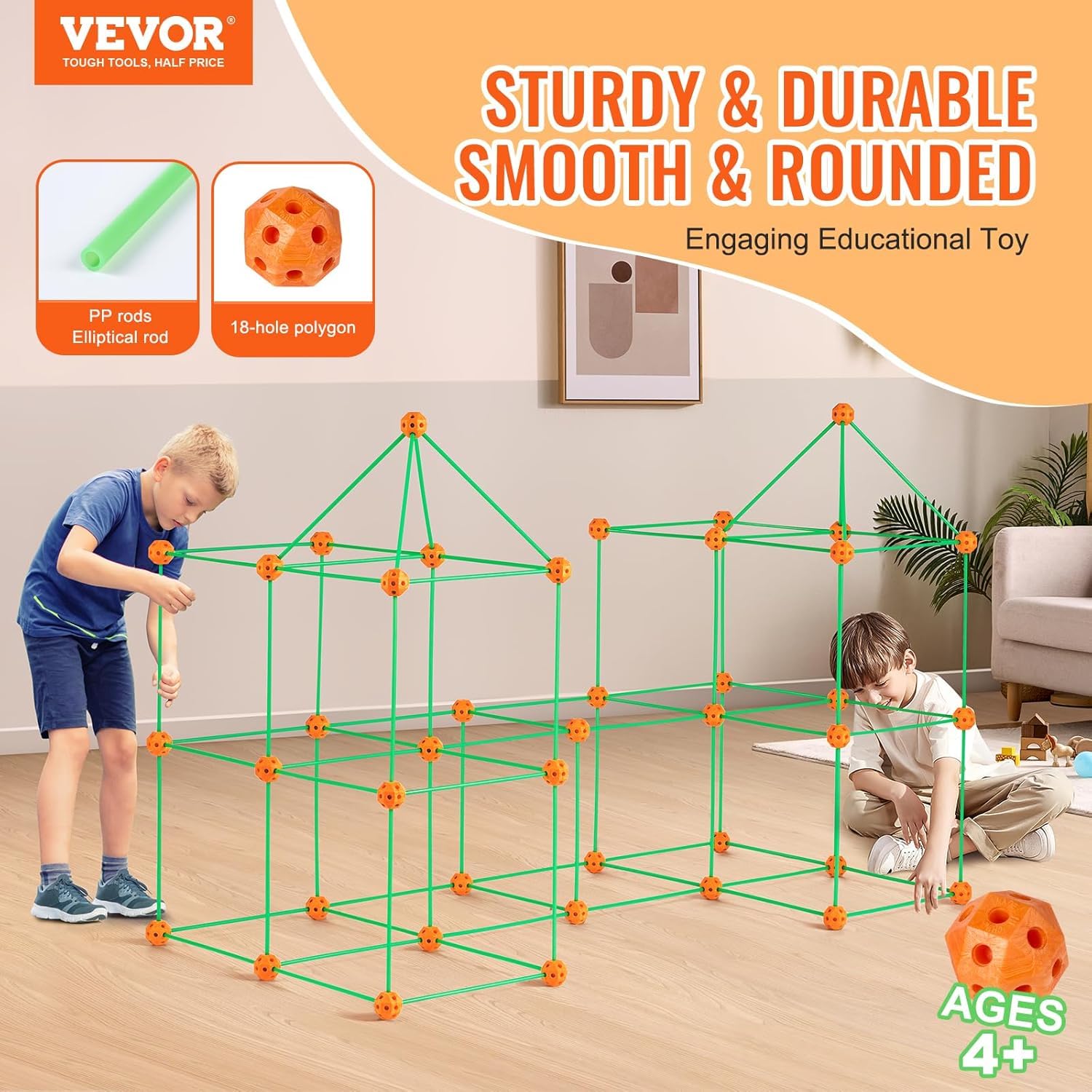 VEVOR Fort Bausatz Kinder, 140-teiliges STEM-Bauspielzeug, pädagogisches Geschenk für 4 bis 8+ Jahre alte Kinder, Spielzelt-Bauset, Konstruktionsspielzeug mit 96 Stäben und 44 Bällen