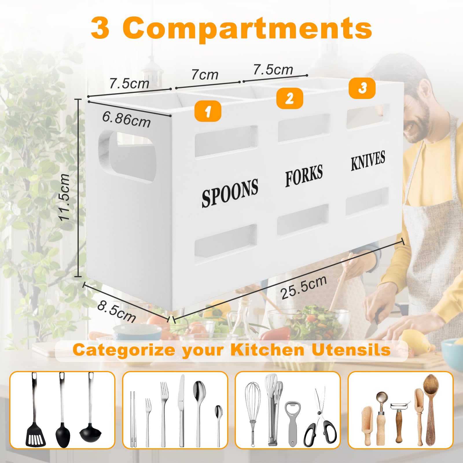 Organisateur Ustensiles De Cuisine En Bois - Porte-Couverts 3 Compartiments Style Ferme