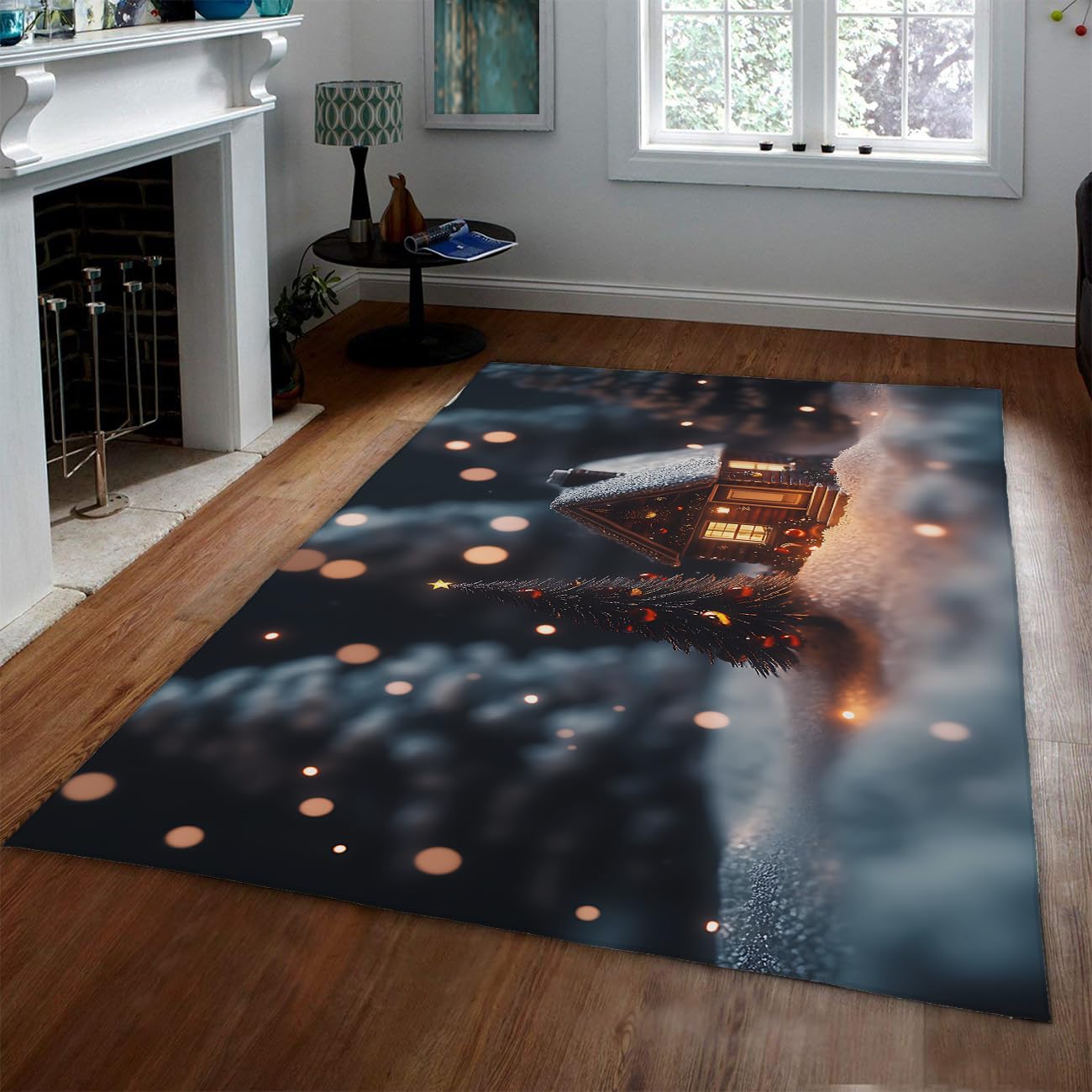 Decoración navideña Zona navideña Alfombra Lavable Antideslizante Alfombra Fina Alfombra Pino nevado Bosque de cabaña Alfombras acogedoras para el salón Dormitorio Sala de Juegos 160x230cm