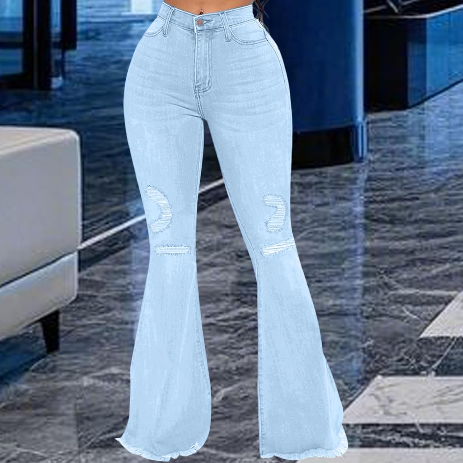 70s Bell Bottom Jeans for Women Elastic High Waisted Raw Hem Denim Pants Classic Vintage Flared Jeans - Image 5