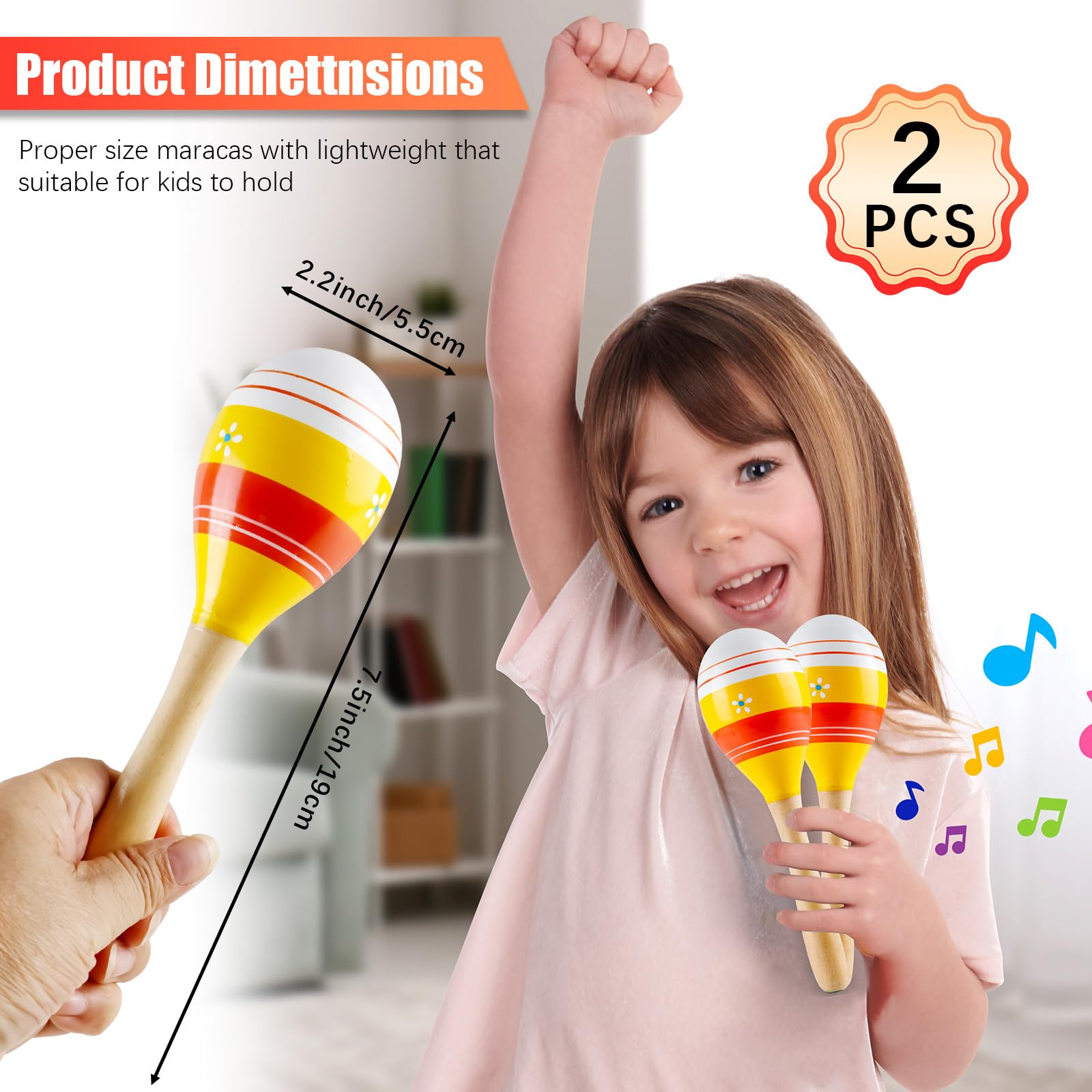 2PCS Wooden Maracas, 7.5 Inch Wooden Rumba Shaker Musical Instruments Colorful Wood Maracas Hand Percussion Rattles Fiesta Party Favors for Birthday, Event, School, Performance, Entertainment (Yellow)