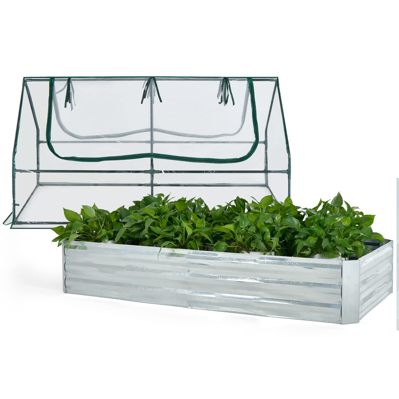 RELAX4LIFE Mini Serre de Jardin avec Jardinière en Fer, Bâche PVC Transparent, 2 Fenêtres Zippées Enroulables, Serre à Tomates Fruits Légumes Semis pour Balcon Terrasse, 180x90x90cm
