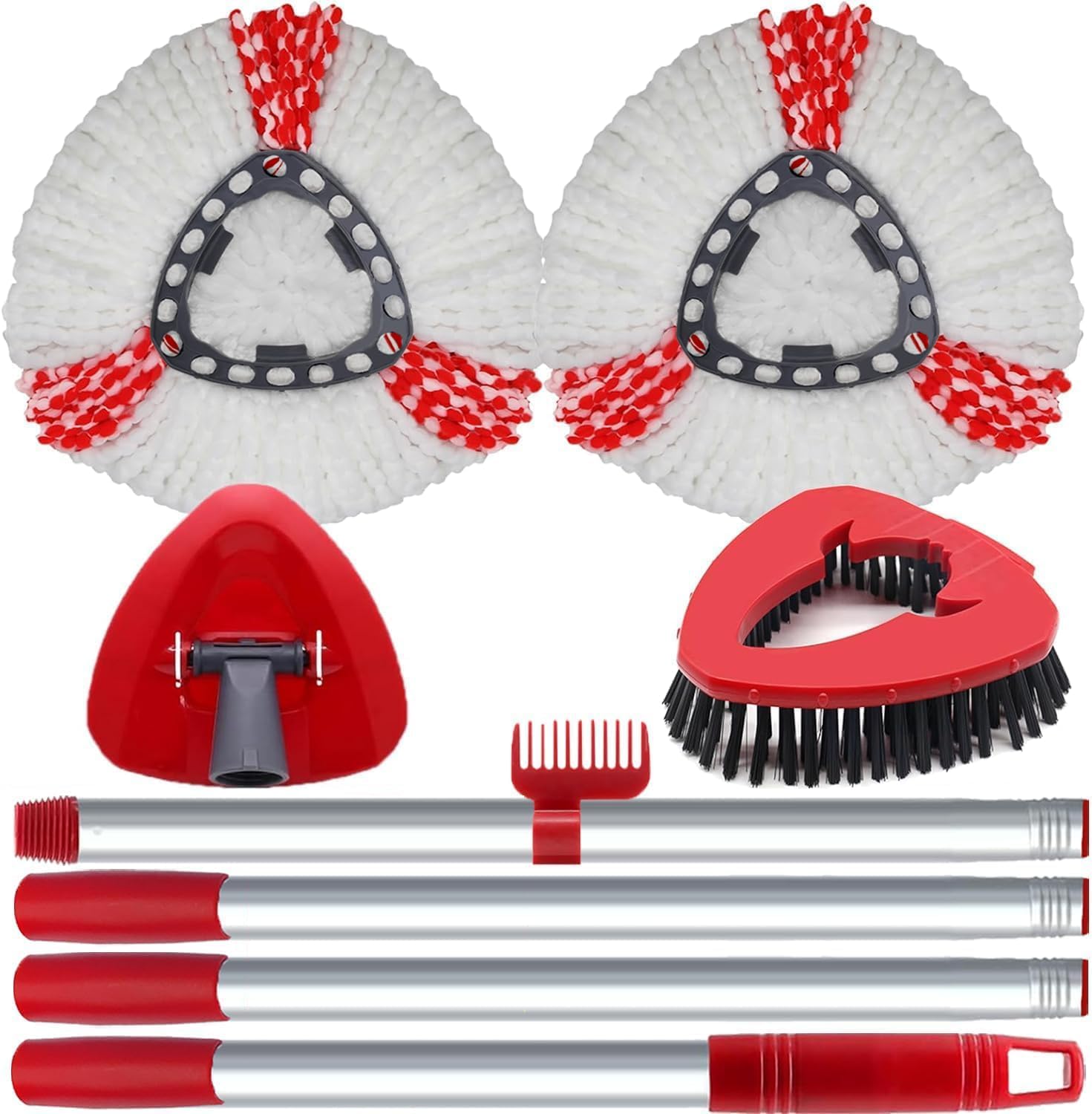 Spin Mop Head Replacement Compatibility with Vileda All Turbo System, 2 Microfiber Mop Refill+1 Handle+1Base+1 Cleaning Brush Comb, Shower Floor Scrubbing Brush Replace Head Deck Scrubber