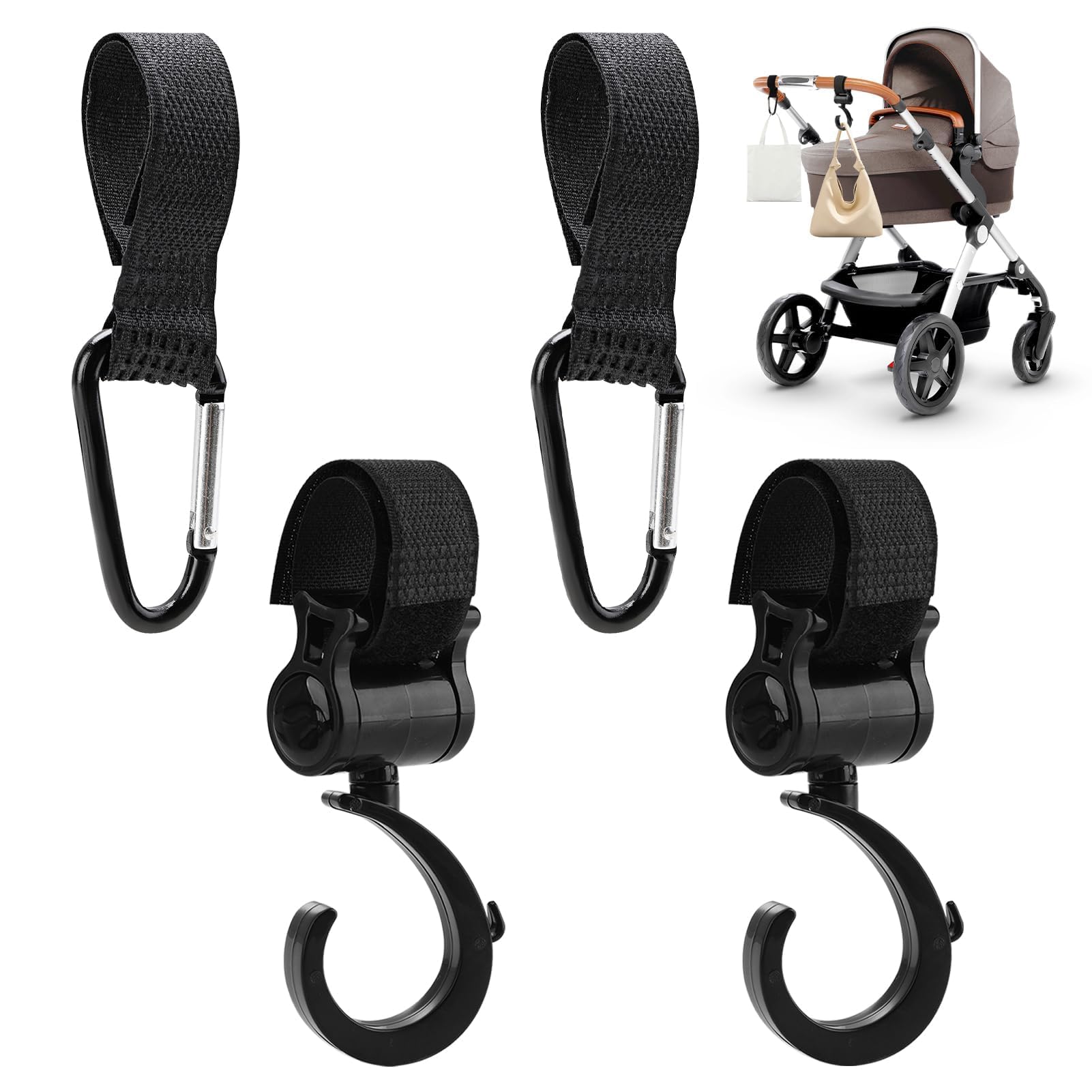 4 Pezzi Ganci Passeggino, Ganci per Passeggino Universale Leggero Rotanti Appendi, Multiuso Gancio Clip con Chiusura Regolabile, Ganci Appendere per La Spesa Borse Pannolini Borsette (Nero)