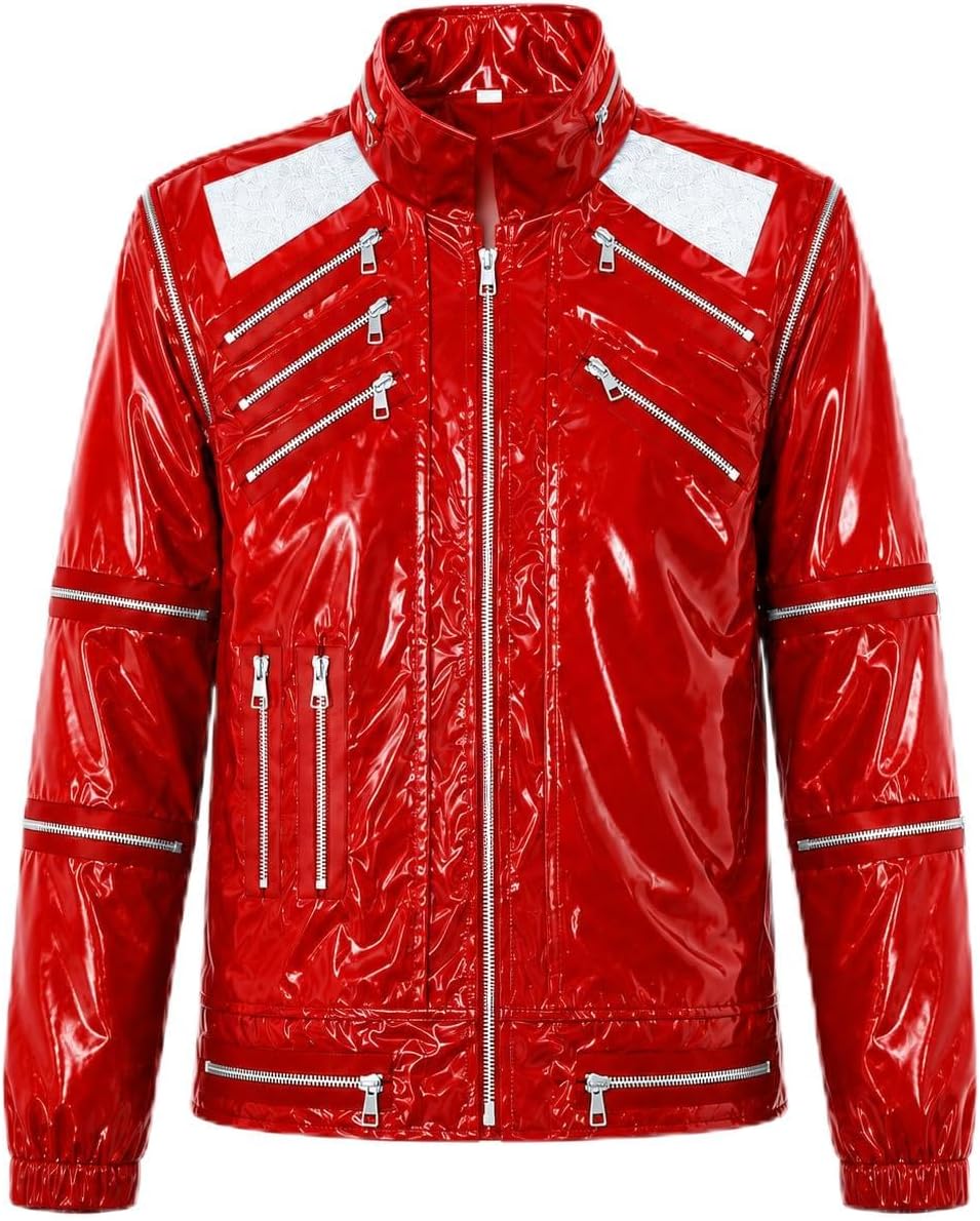 Mens Popstar Dance Costume, Red Leather Zipper Jacket, 80s Stage Outfit for Halloween Party Performance