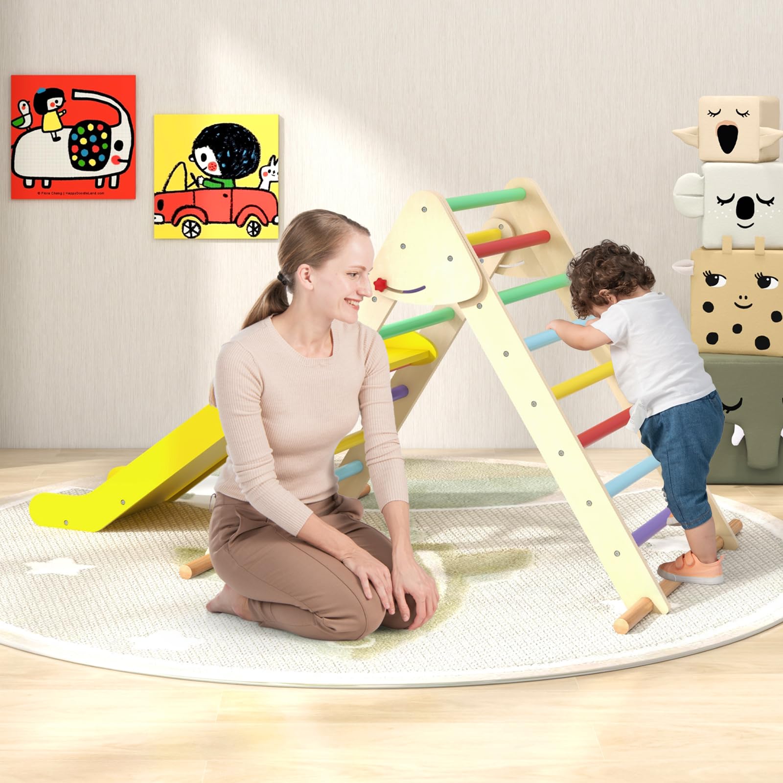 COSTWAY Juego de Triángulo de Escalada para Niños, Triángulo de Escalada Plegable con Rampa Ajustable y Bordes Lisos, Set de Trepa Montessori de Madera para Niños de 1+ Años (Multicolor)