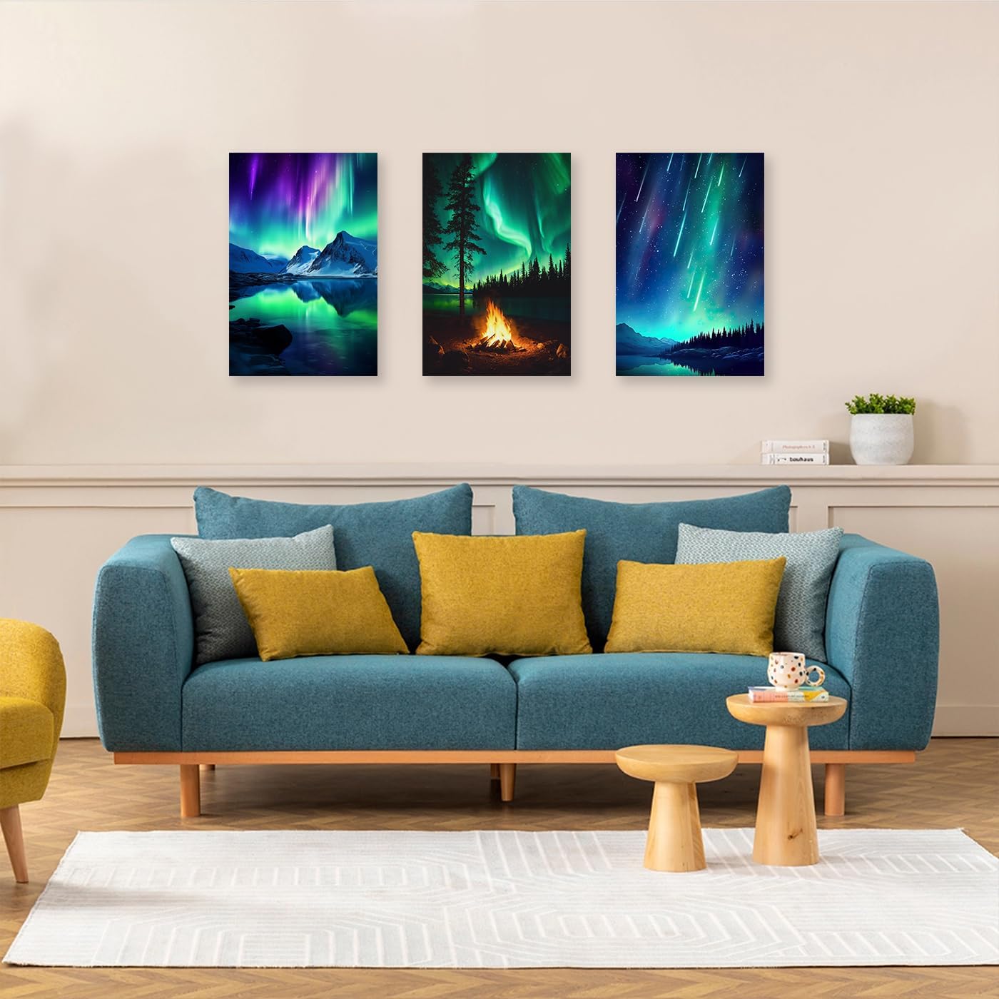 CXHOSTENT 3 Panels Aurora Borealis Canvas Wall Art Northern Lights Wall Decor Snow Mountain Lake Forest Bonfire Pictures Large Living Room Decor Frame (Aurora Borealis - 1, 11x14inchx3Pcs)