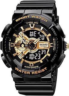 ساعة سكماي رياضية عالية التحمل مضادة للماء مع منبه وساعة إيقاف للرجال والنساء متعددة الوظائف شاشة ليد خلفية وماكينة انالوج بعقارب موديل 1688 أسود ذهبي