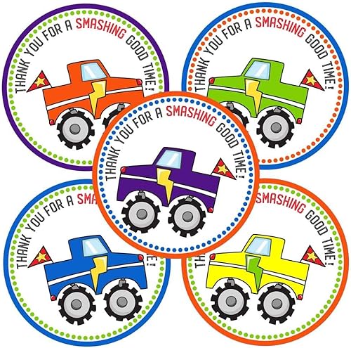 Etiquetas adhesivas con texto en inglés "Thank You" de Monster Truck  Etiquetas de regalo para fiesta de cumpleaños de niños  Juego de 30