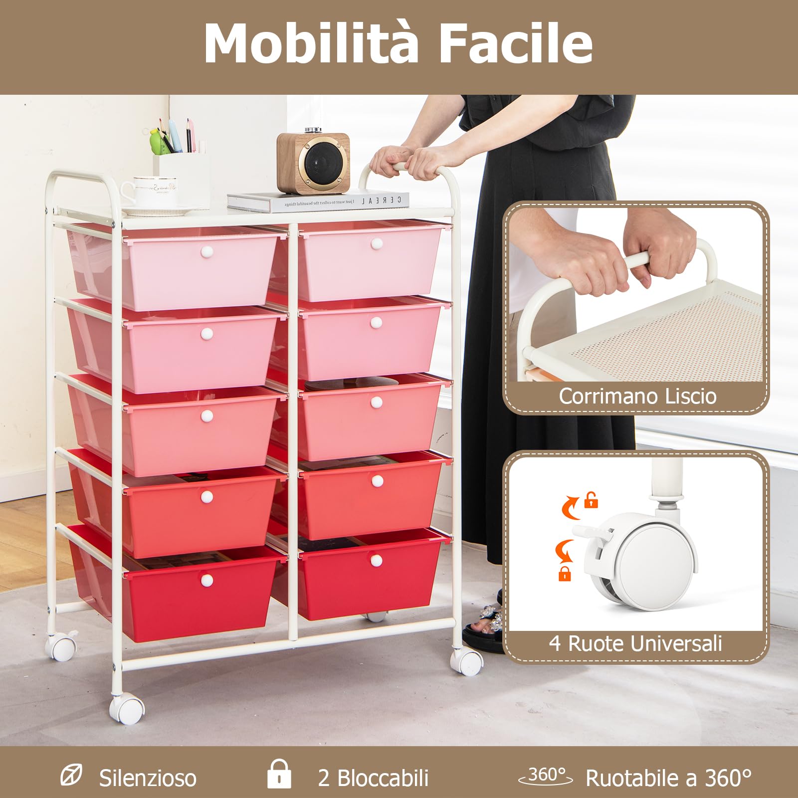 GYMAX Carrello Portaoggetti a 10 Cassetti con Ruote Bloccabili, Carrello di Stoccaggio, Leggero Multifunzione per Scuola, Ufficio, Casa, Studio, 65,5 x 37 x 87 cm (Rosa)