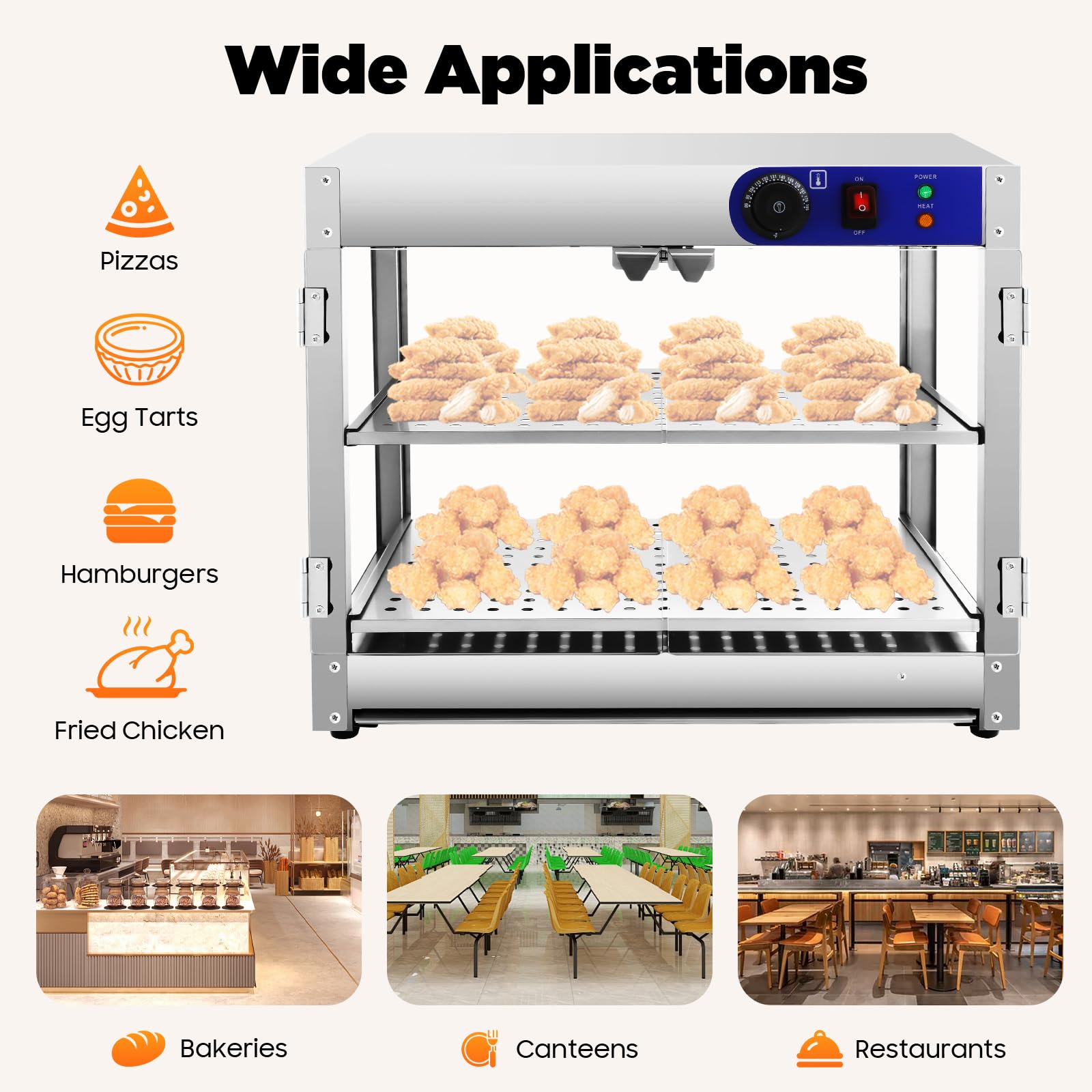 Vetrina calda a 2 ripiani, per scaldavivande, 30 – 85 °C, vetrina per scaldavivande, display per scaldabagni commerciali, con maniglie e clip per alimenti, 61 x 38 x 51 cm
