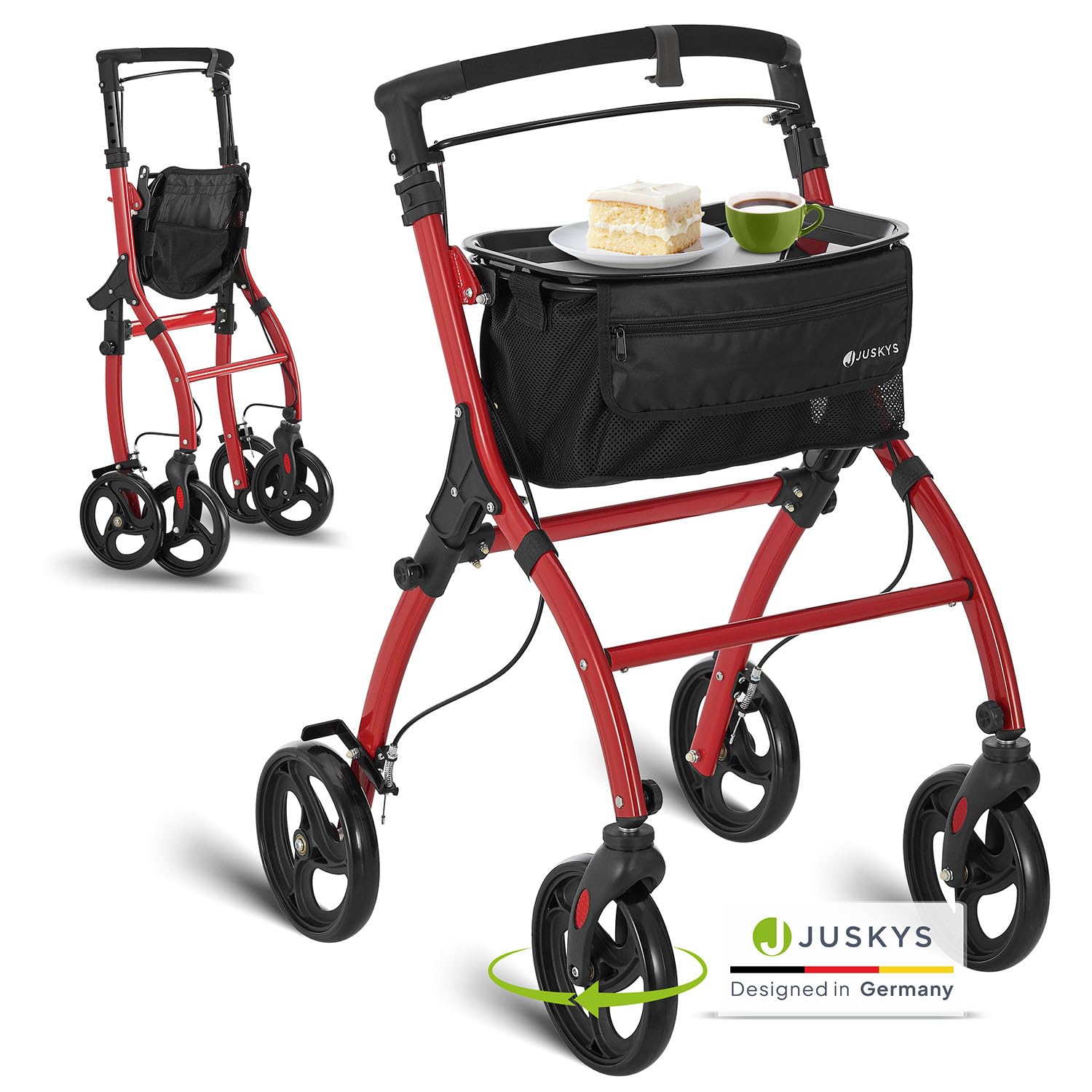 Juskys Deambulatore da Interno in Alluminio con Vassoio & Borsa - Rollator Leggero, Stretto & Pieghevole - Rosso
