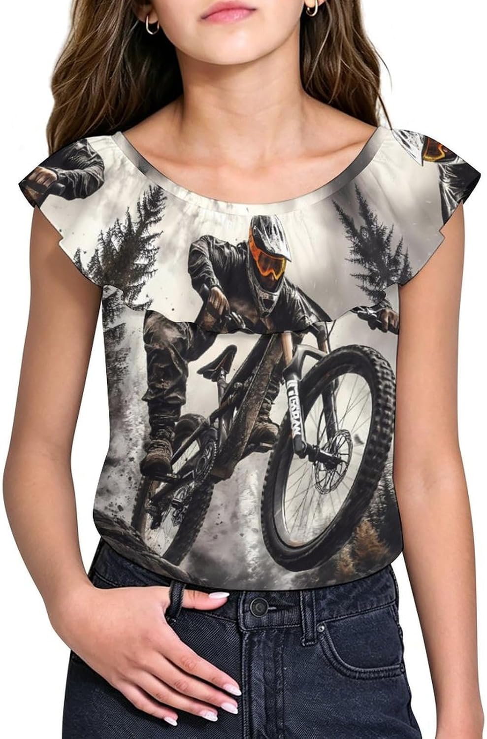 Mountain Bike Rider Girls T-Shirts Top Ruffle Short Sleeve Blouse Casual Graphic Tees