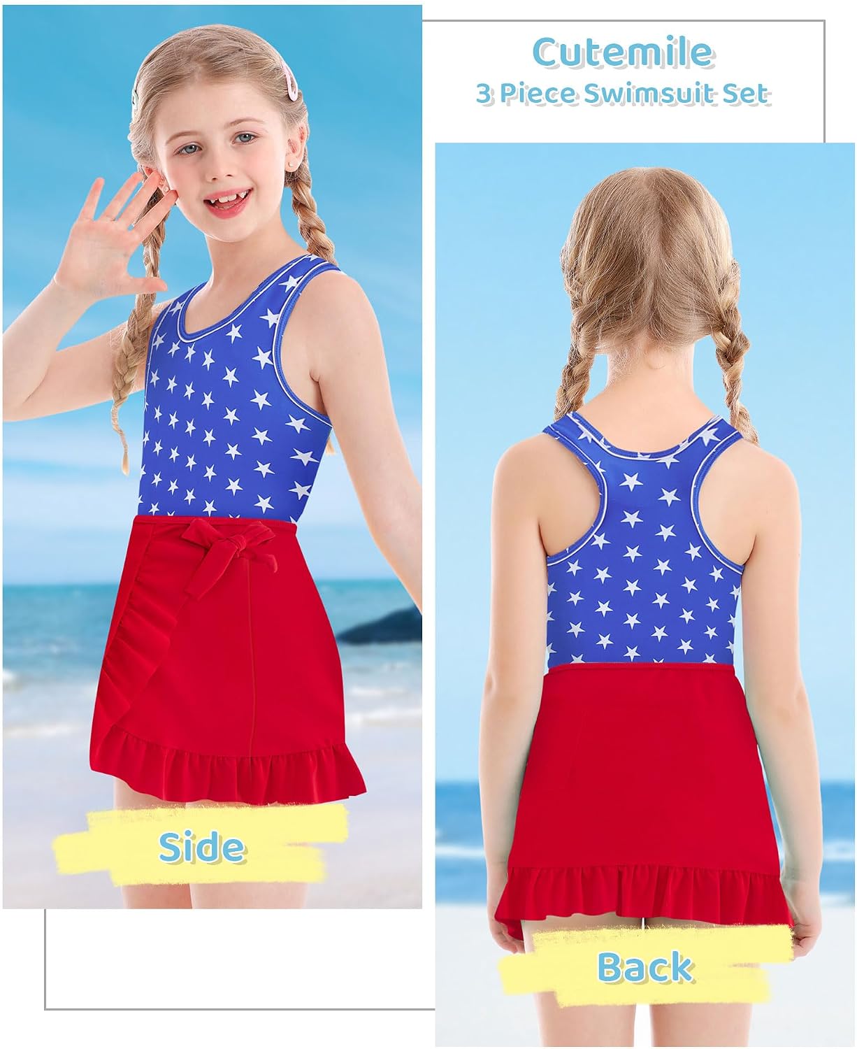 Girls Swimsuit 3pc Bathing Suit Tankini Set with Skirt 5-14 Years