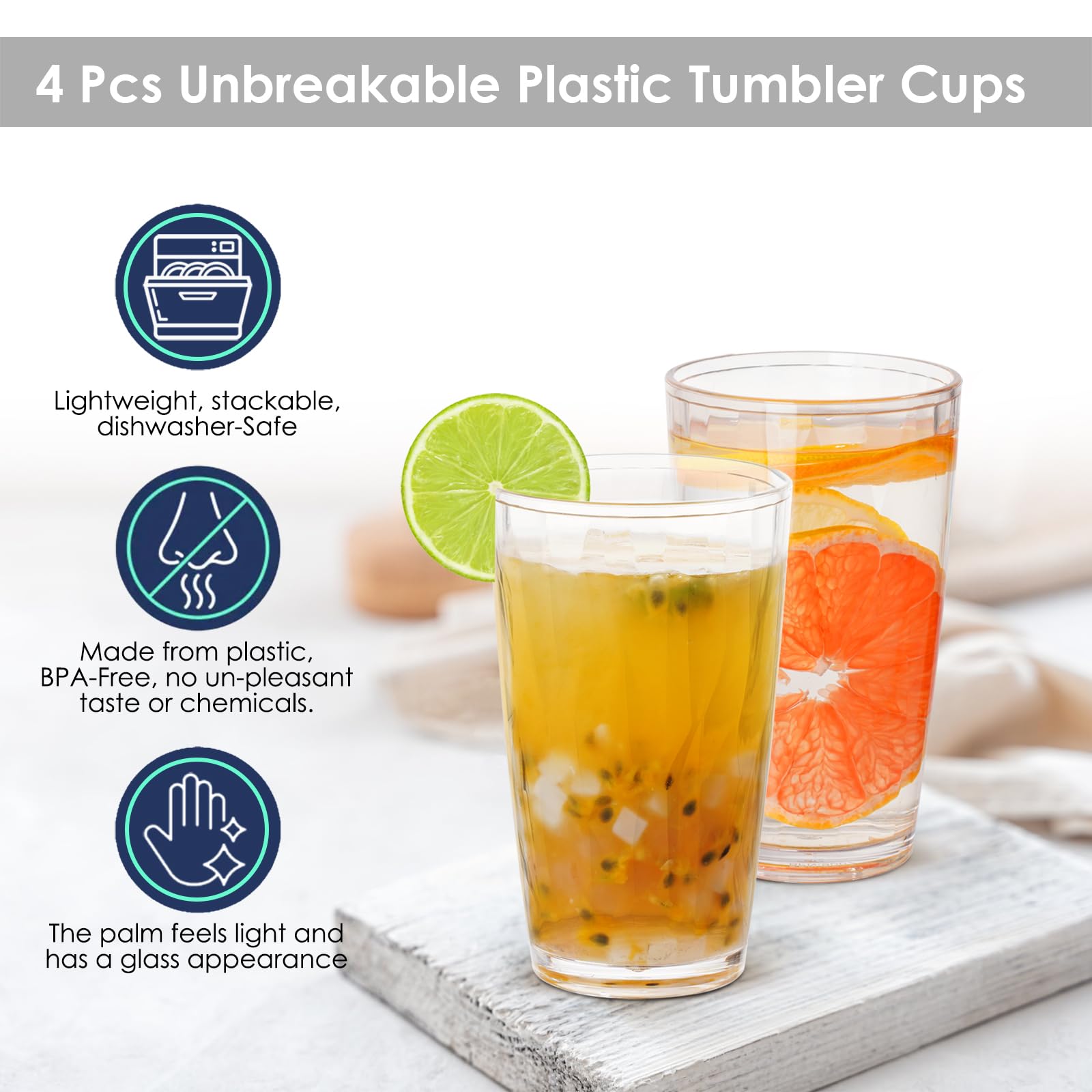 Chuboir 490ml Plastic Drinking Glasses, Set of 4 Stackable Clear Acrylic Tumbler Glasses - Image 3