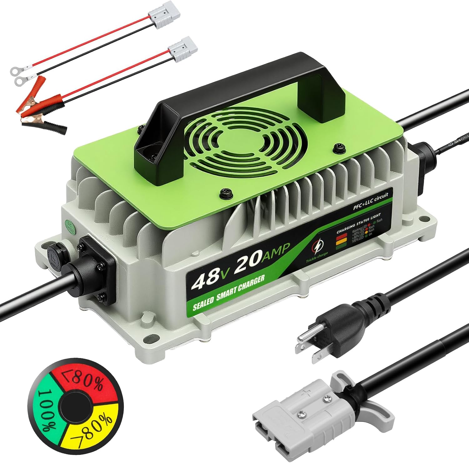 48 Volt 20 AMP Golf Cart Battery Charger 1000W 48V Lithium Battery Charger LiFePO4 Charger for Club Cars RVs Boats Cars Forklift Truck IP65 Waterproof with Cooling Fan 2 Connectors