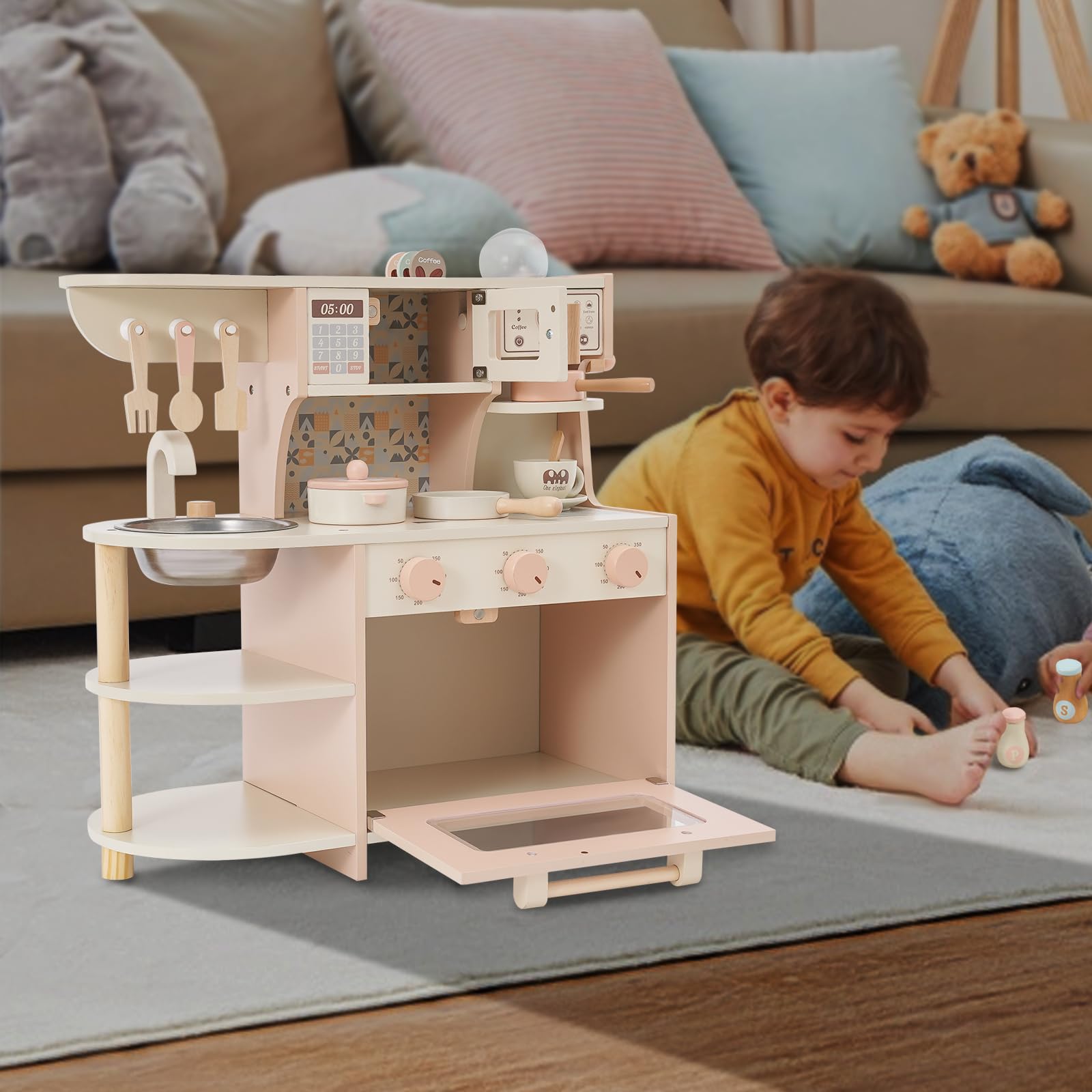 Cocina de juguete de madera para niños con estufa y cafetera, juguete de madera no tóxico, juego de rol compacto para niños pequeños juegos de rol en casa