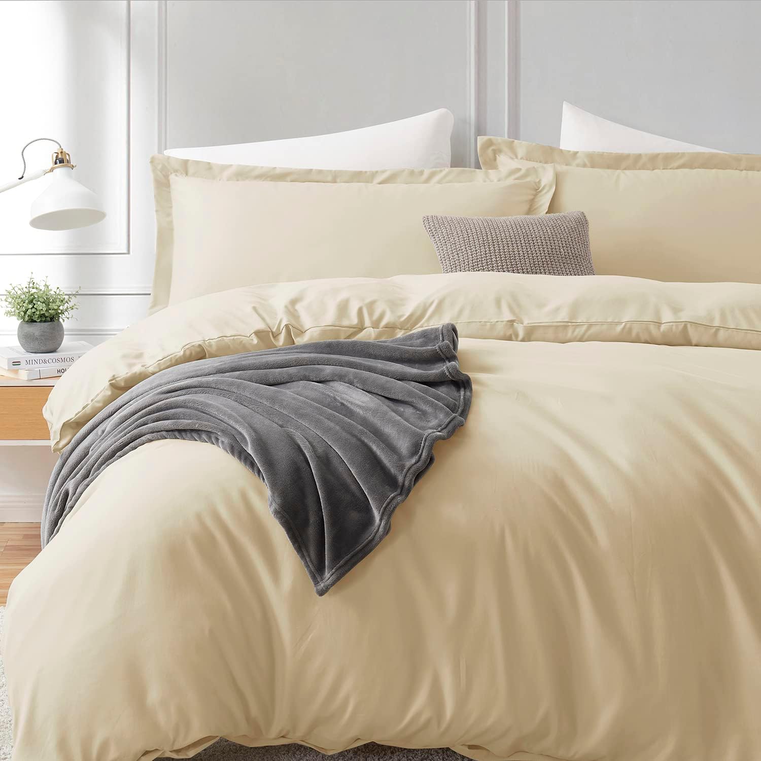 Hearth & Harbor Beige Cream Duvet Cover Queen Size - 3 Piece Soft Double Brushed Bedding Set - Includes 1 Queen Duvet Cover with Button Closure 90x90 inches and 2 Pillow Shams - Image 9