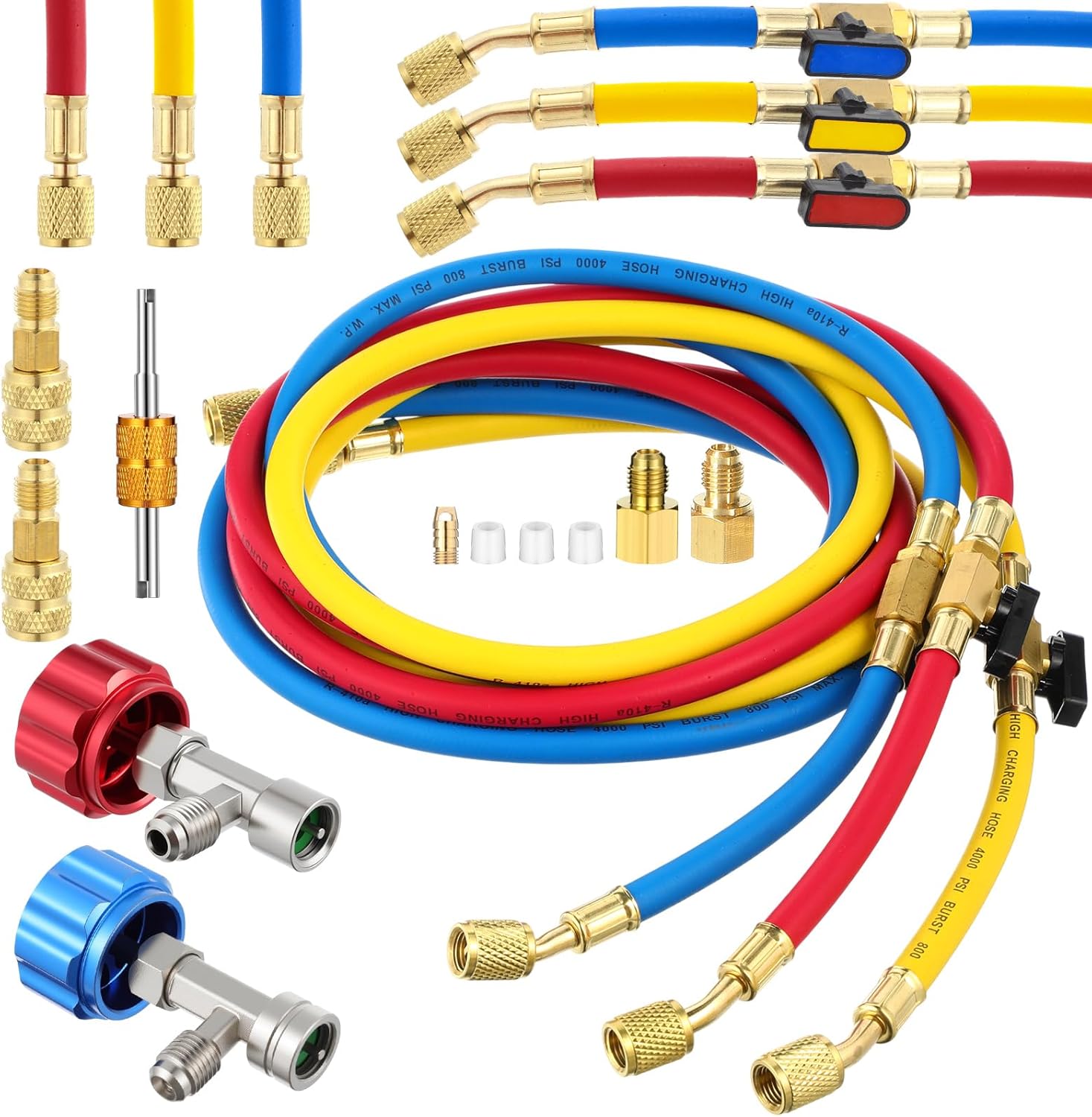 12 Pcs 5FT AC Manifold Gauge Hose with R1234YF/R134A Self-Sealing Can Taps R410A Mini Split Tank Adapter Refrigerant Charging Hose for R134A R410A R404A R12 R22 R502 R1234YF Refrigerants