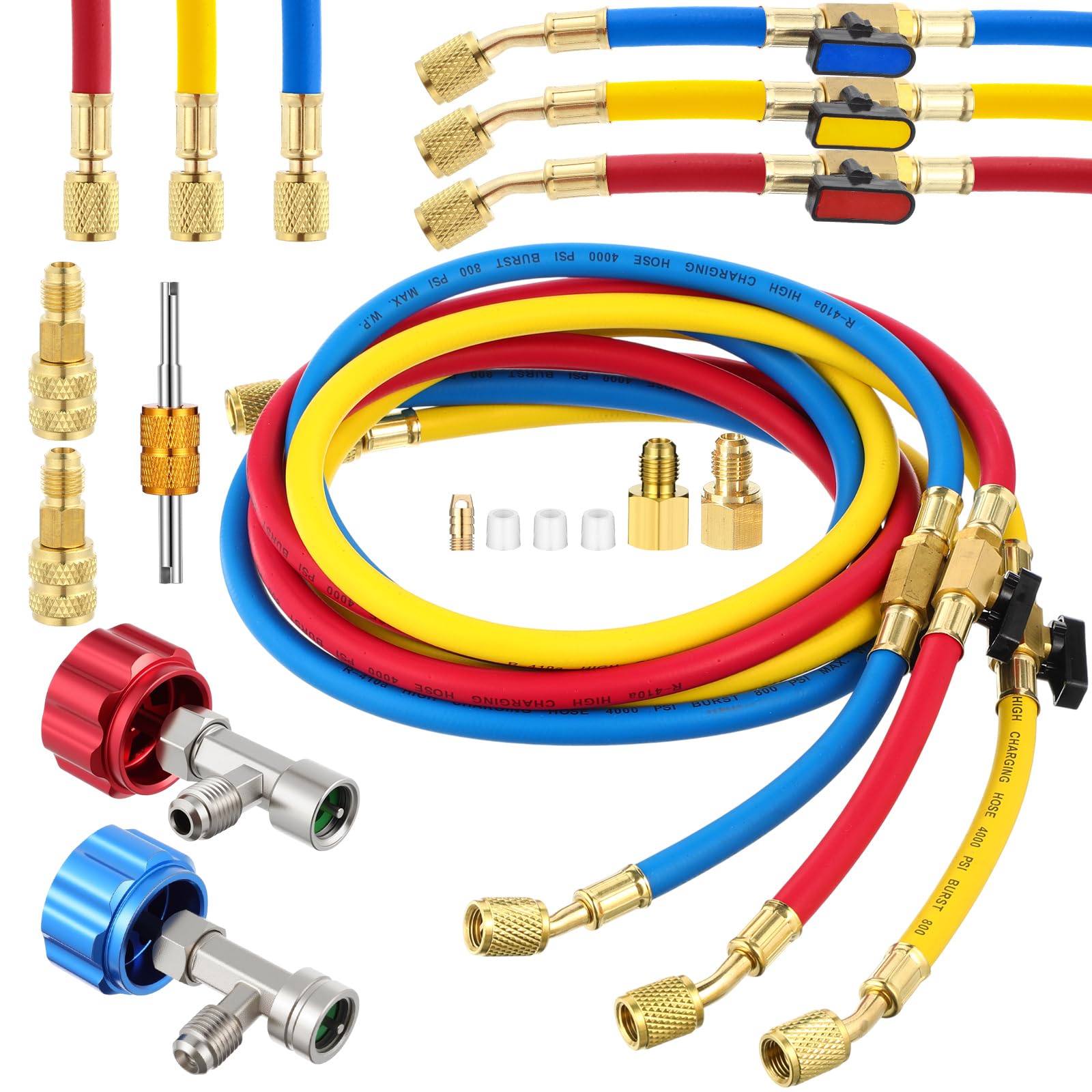 Photo 1 of Innconee 12 Pcs 5FT AC Manifold Gauge Hose with R1234YF/R134A Self-Sealing Can Taps R410A Mini Split Tank Adapter Refrigerant Charging Hose for R134A R410A R404A R12 R22 R502 R1234YF Refrigerants