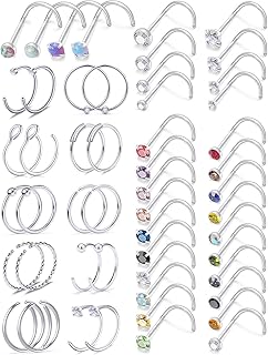 18G 20G Nose Rings for Women Surgical Steel Nose Rings Hoops Nose Piercing Jewelry,L Shaped NOSE RINGS, CorkScrew Nose Ring Studs,Opal Nose Ring CZ Straight Nose Studs，Cute Nose Rings,Silver