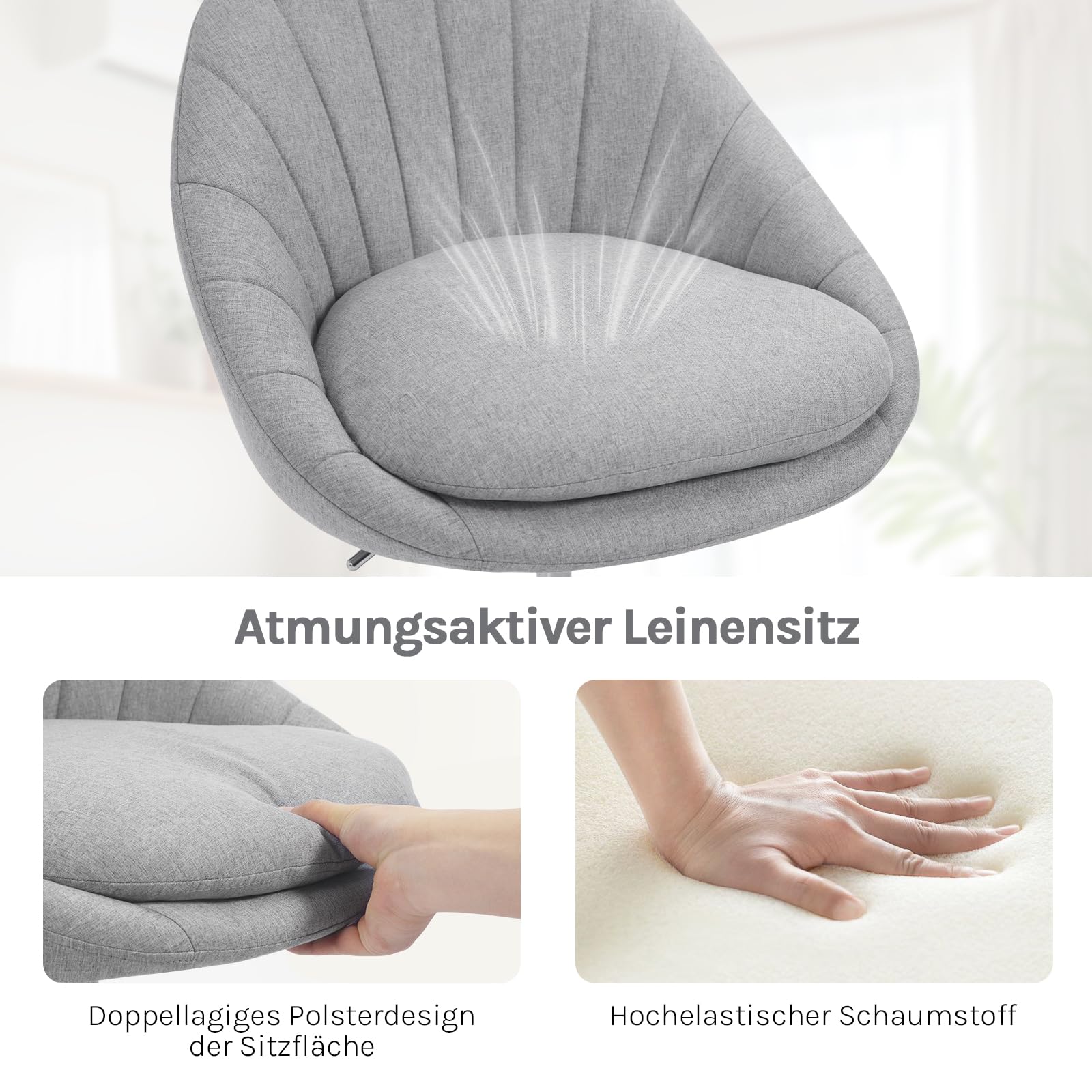 WOLTU Homeoffice Stuhl, Schminkstuhl, Schreibtischstuhl Grau, Leinen | Dicke bequeme Doppelpolsterung, Schaumstoffpolsterung, Drehstuhl mit Rollen, 150 kg, für Arbeitszimmer Schlafzimmer