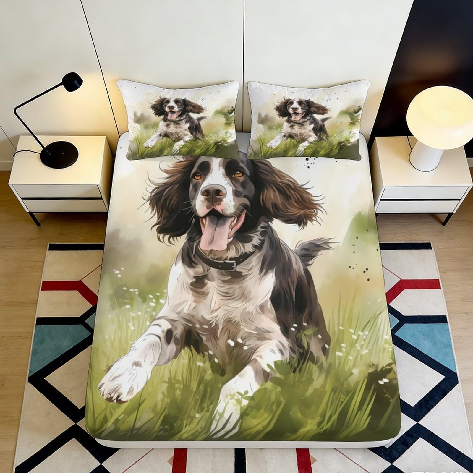 3D Printed Lively Dog Fitted Sheet Microfiber Soft Breathable Grassland Bed Cover for Bedroom Guest Room Decor 90x200x25cm