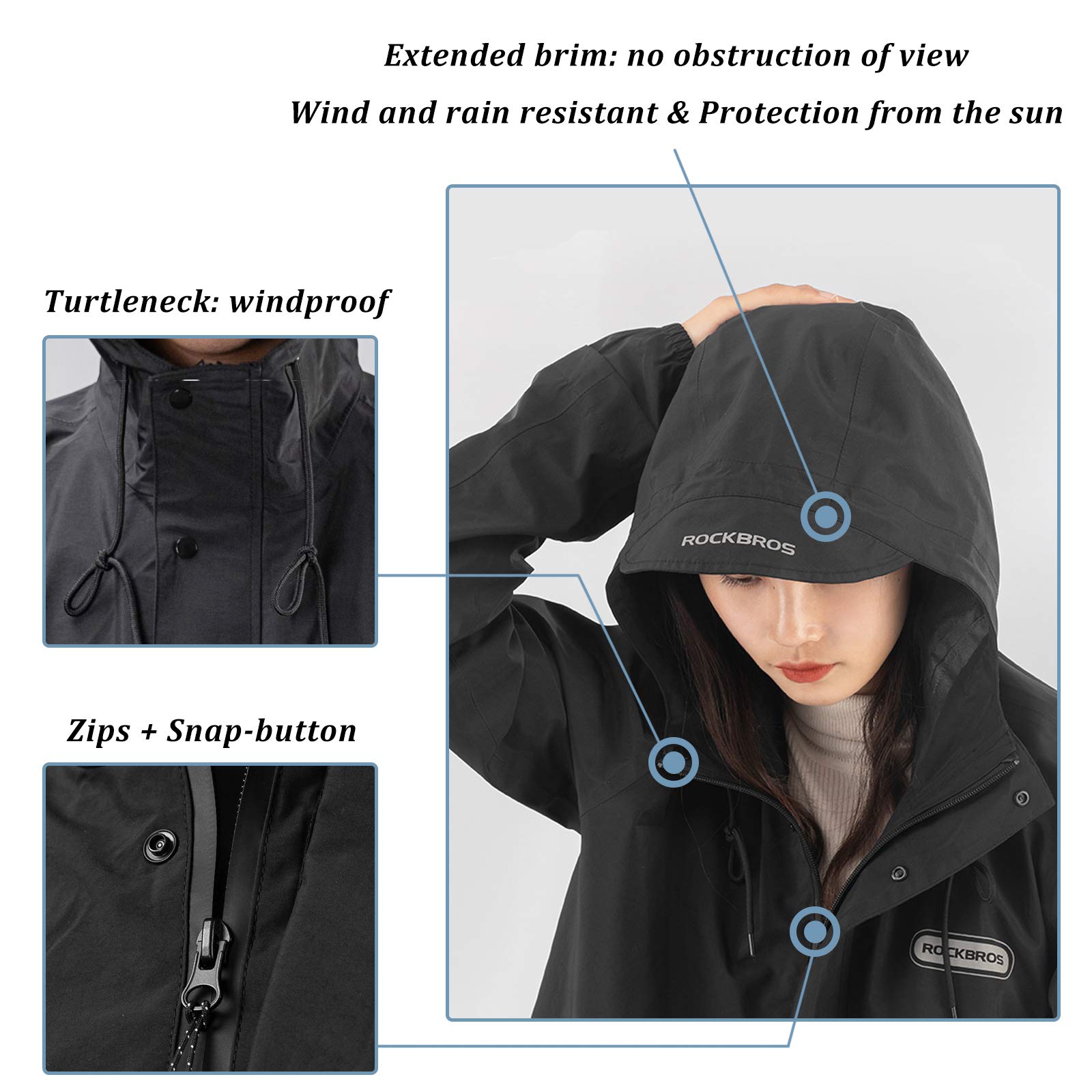 ROCKBROS Veste de Pluie Unisexe Homme Femme Longue Léger avec Pantalon de Pluie, Manteau à Capuche Imperméable pour Sports d'extérieur, Noir M-4XL