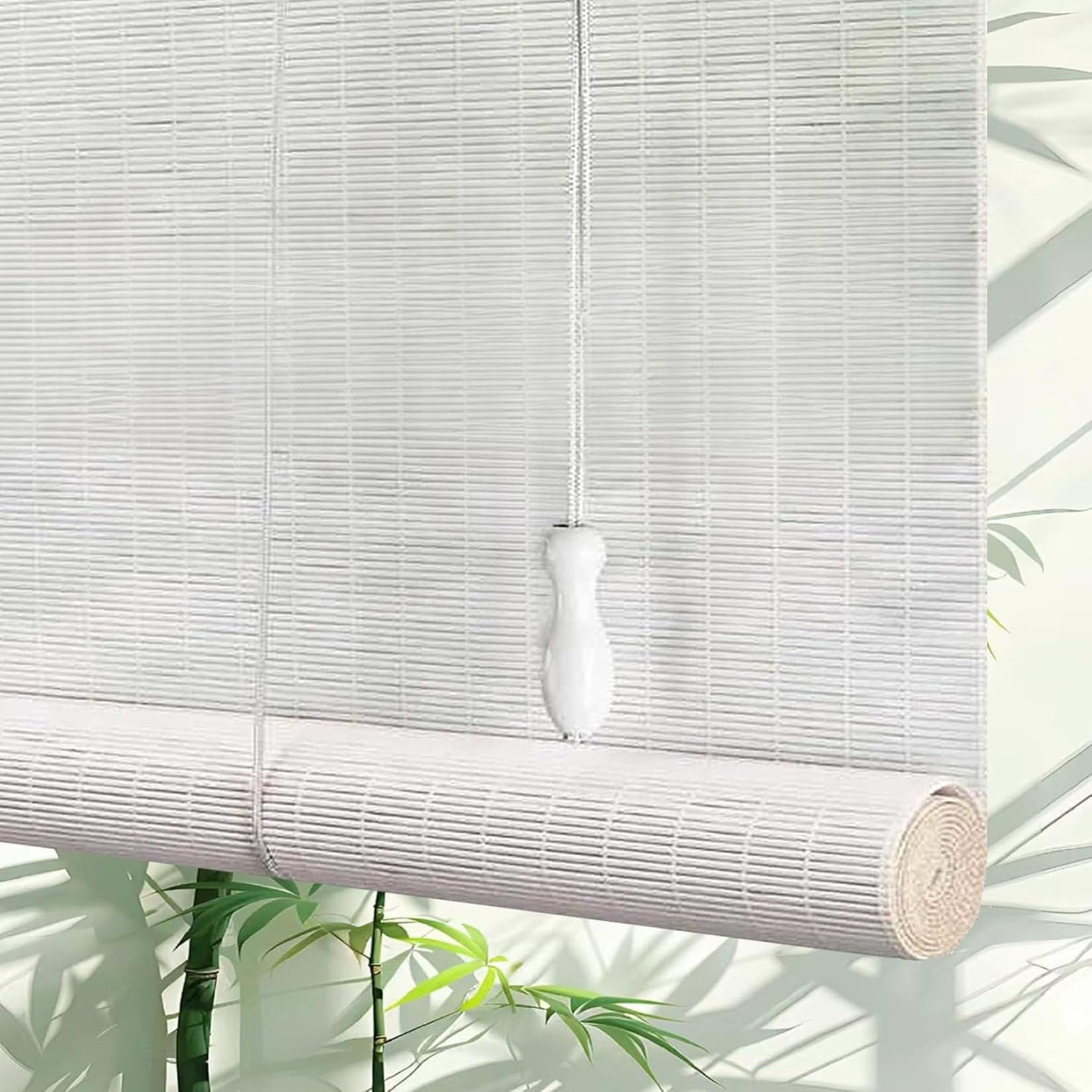 130X250cm Store Enrouleur Bambou Naturel Blanc Store Occultant Vue Occultant Tamisant Pare-Soleil,et Anti-UV Stores À Rouleaux Romains Protection Solaire,pour Chambre,Cuisine,Terrasse