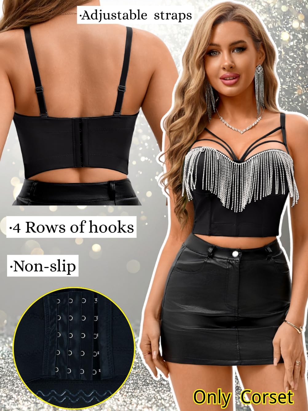 Kaei&Shi Rhinestone Fringe Top,Strappy Corset Crop Tops For Women,Sparkly Disco Club Party Concert Outfit