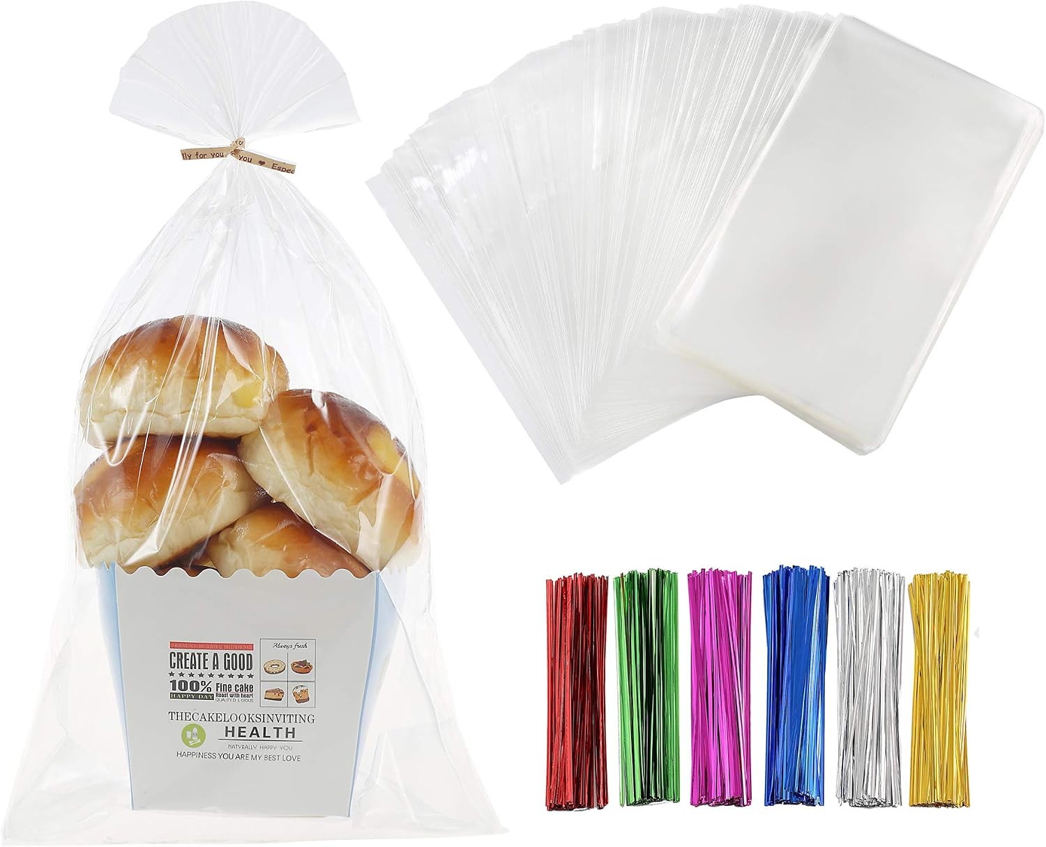 LISM 400 PCS 7" x 12" Thick Clear Cello Treat Bags Durable Plastic Cellophane Bag With Ties Packing Bakery Popcorn Cookies Candies Dessert Treat Poly Bags
