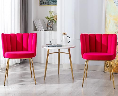 Miniatura 7 de Juego de 2 sillas de comedor de terciopelo tapizadas con patas de metal dorado, color rosa intenso de mediados de siglo, modernas para sala de