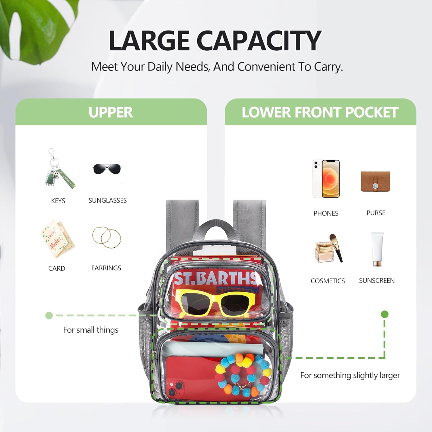 MAY TREE Clear Backpack Stadium Approved, 12x10x6 Inches Small Clear Bag with Padded Straps for Stadium Events, Concert, and Work, Grey - Image 4