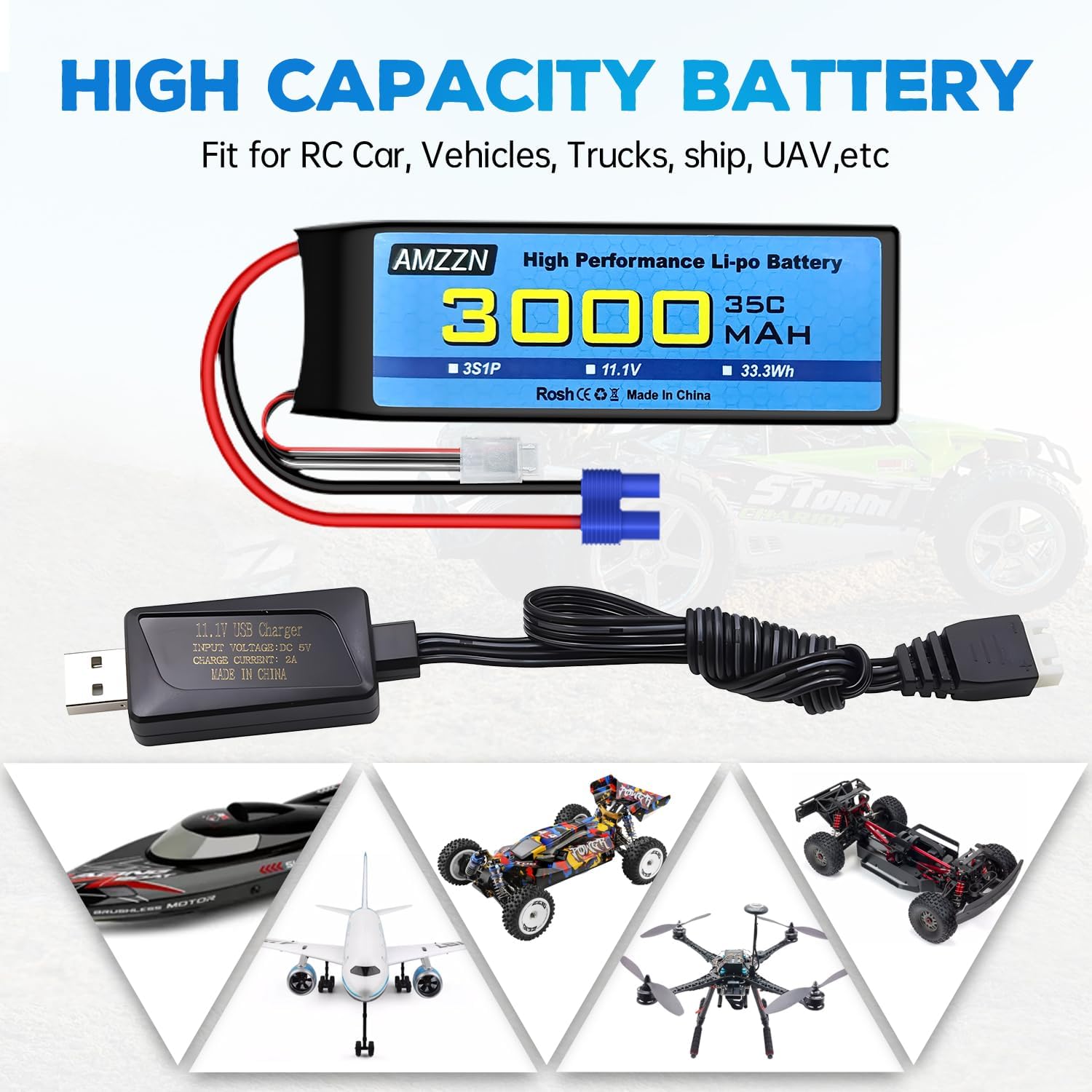 3S Lipo Battery 11.1V 3000mAh 35C with EC3 Plug and USB Charging Cable for RC Car,Truck,Model Car,RC Ship,RC Quadcopter Aircraft,FPV Drone Battery