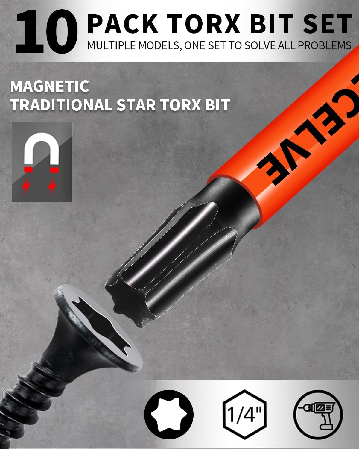 DYRECELVE Impact Torx Bit Set T15 T20 T25 T30 T40, 10-Pack 2 Inch S2 Steel Magnetic Power Bits for Impact Driver, 1/4 Inch Hex Shank Heavy Duty Magnetic Grip (Anti-Slip)