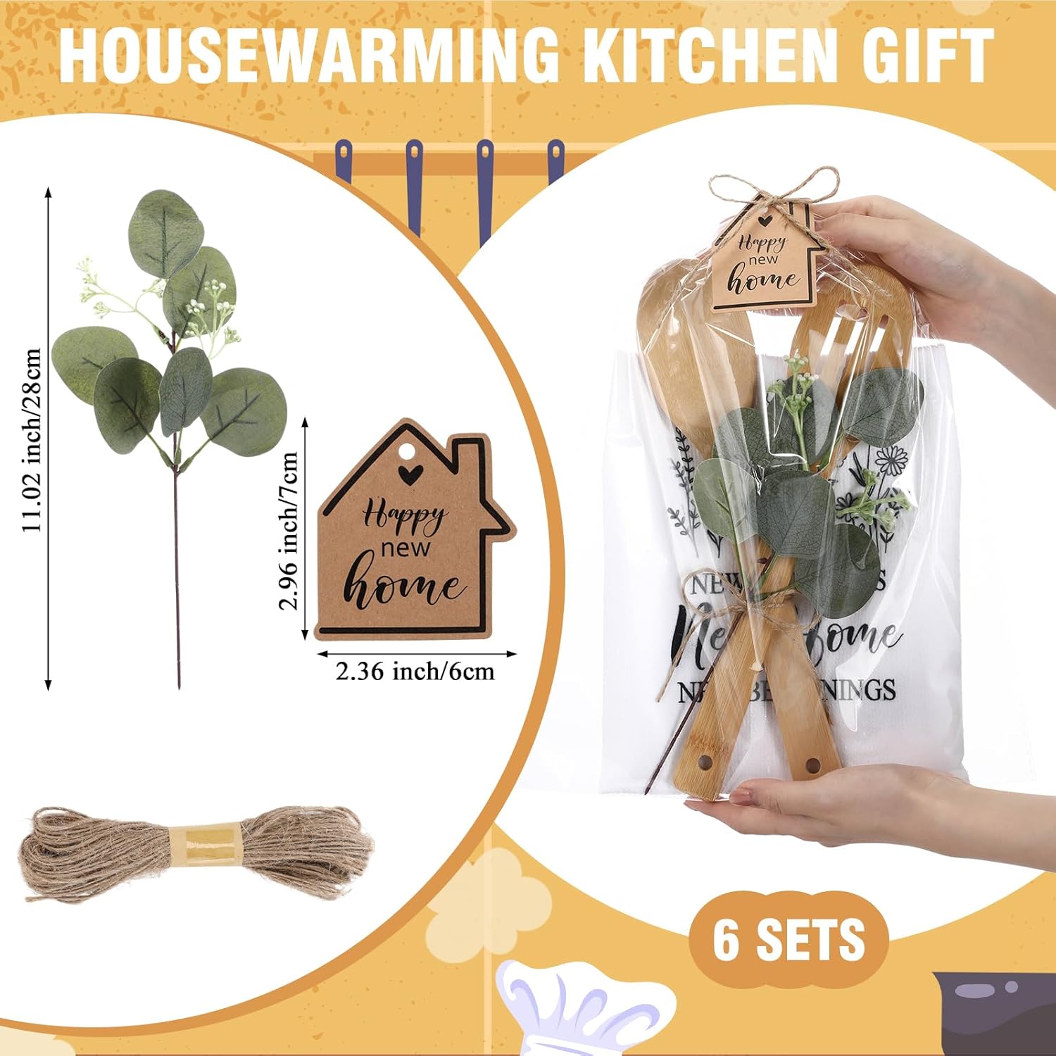 37 Pcs/6 Sets Housewarming Gifts New Home Housewarming Kitchen Towels Wooden Spoons with Blessing Tag Branches New Home Essentials for Homeowner Buyers Neighbor Friend Party Apartment Gift
