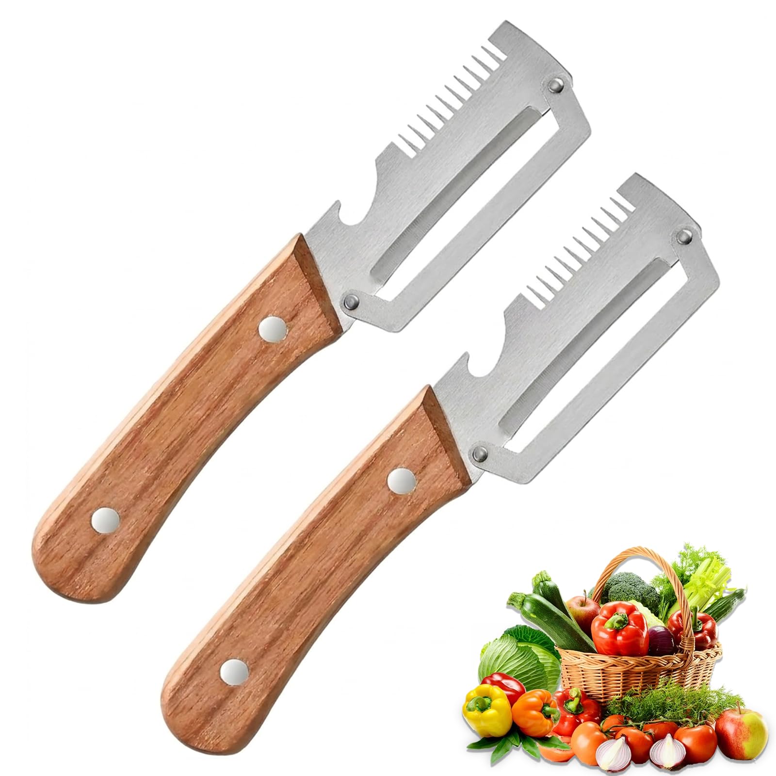 Vegetable Peeler for Kitchen – Multifunctional Stainless Steel Peeler with Wooden Handle & Bottle Opener, Durable for Fruits and Vegetables