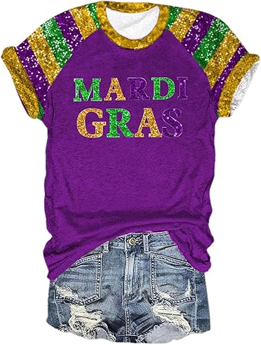 Mensch Camiseta de Mardi Gras 2024 para mujer, divertidas camisas de carnaval, sudaderas con cuello redondo con lentejuelas brillantes impresas