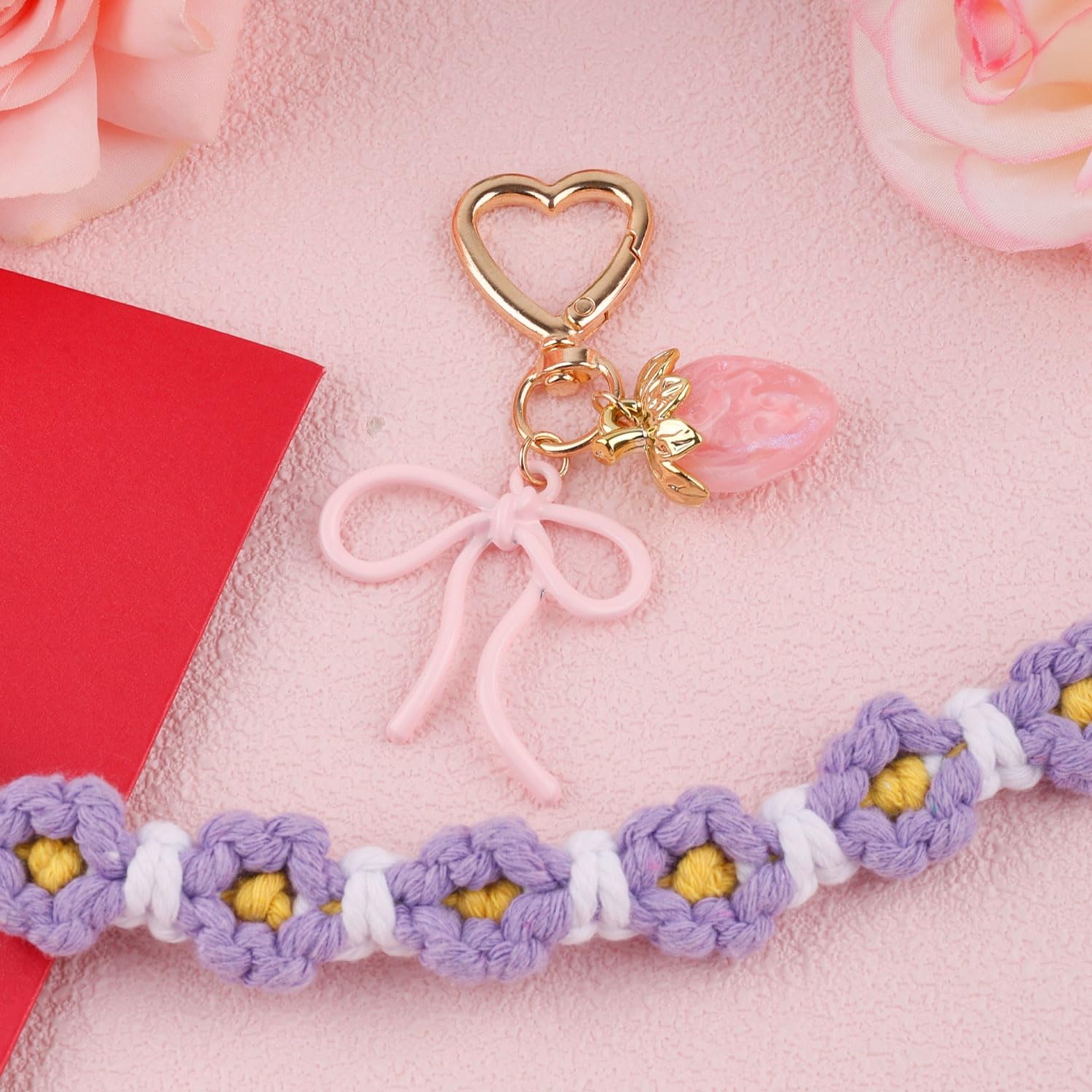 Cute Strawberry Keychain with Bow, Kawaii Bow Heart Key Chains Pink Cute Strawberry Bag Charms Aesthetic Heart Keychain Accessories for Purse Backpack Handbag - Image 3