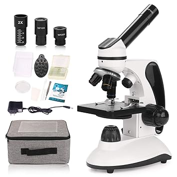 BNISE Microscope for Kids and Students, 40X-2000X Magnification, Prepared Slides Kit, Dual LED Illumination, Rotating Monocular Head, All Glass Optics, and Cordless Capability for Children Beginner