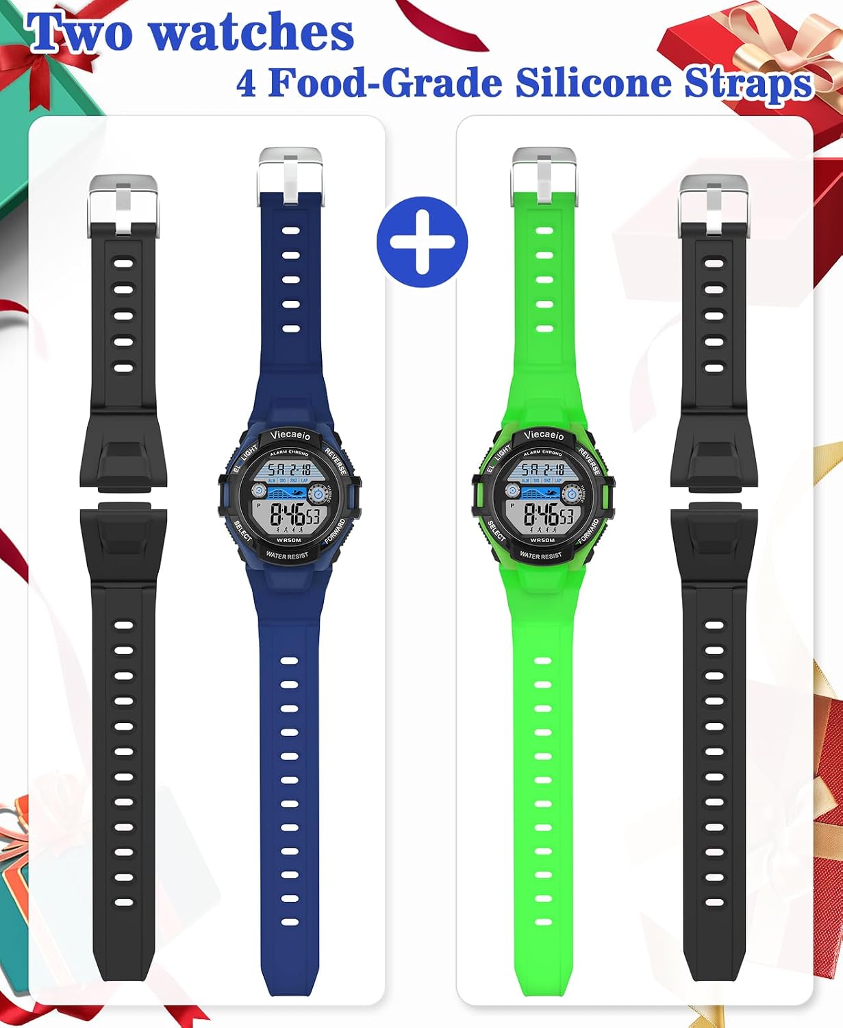 Kids Digital Watch for Boys Girls Ages 5-18, 50M Waterproof & Shockproof Sports Watch with 7-Color LED Backlight, Alarm, Stopwatch, Calendar, 2 Soft BPA-Free Silicone Straps