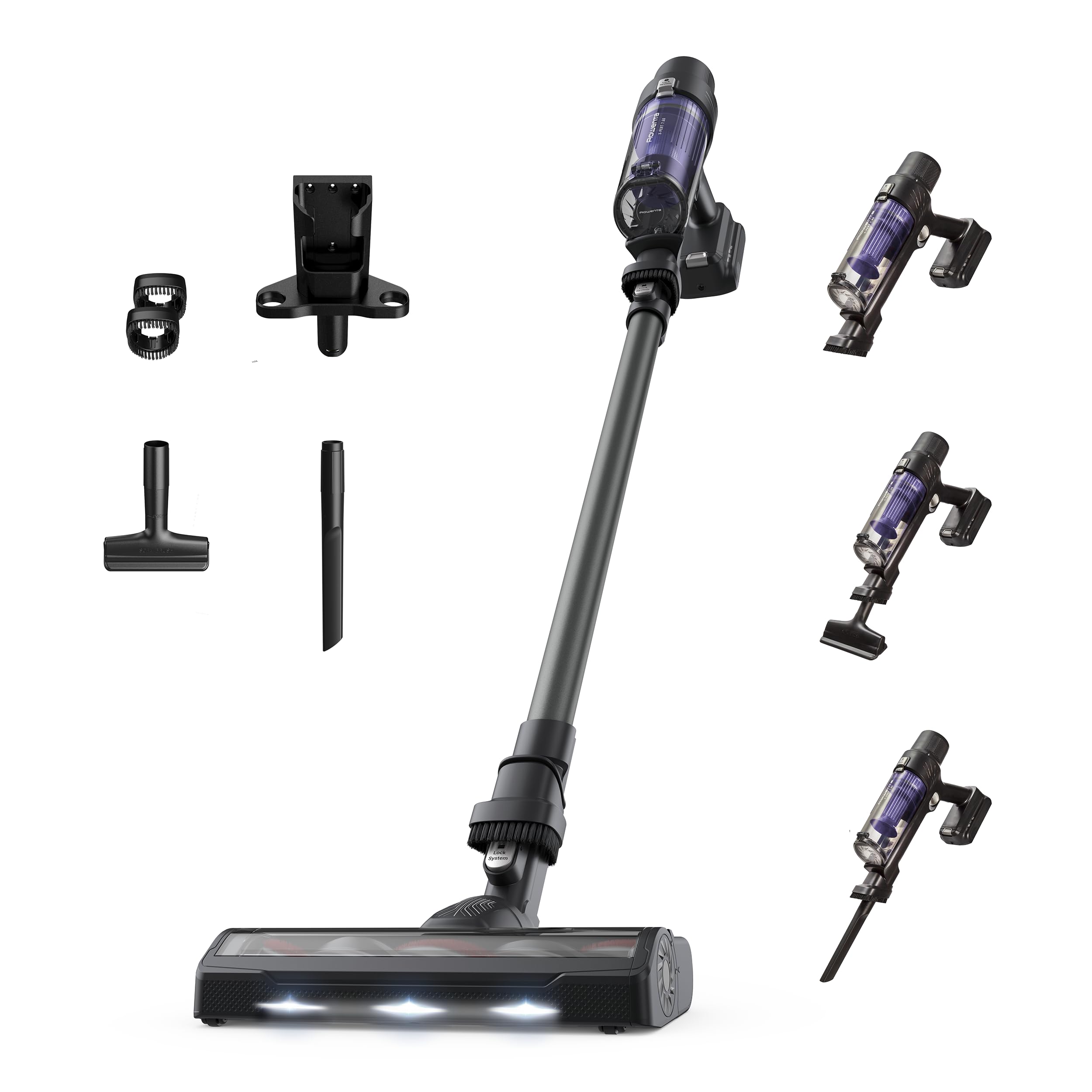 Aspirateur balai sans fil noir avec tête d'aspiration à LED, tube droit et corps compact