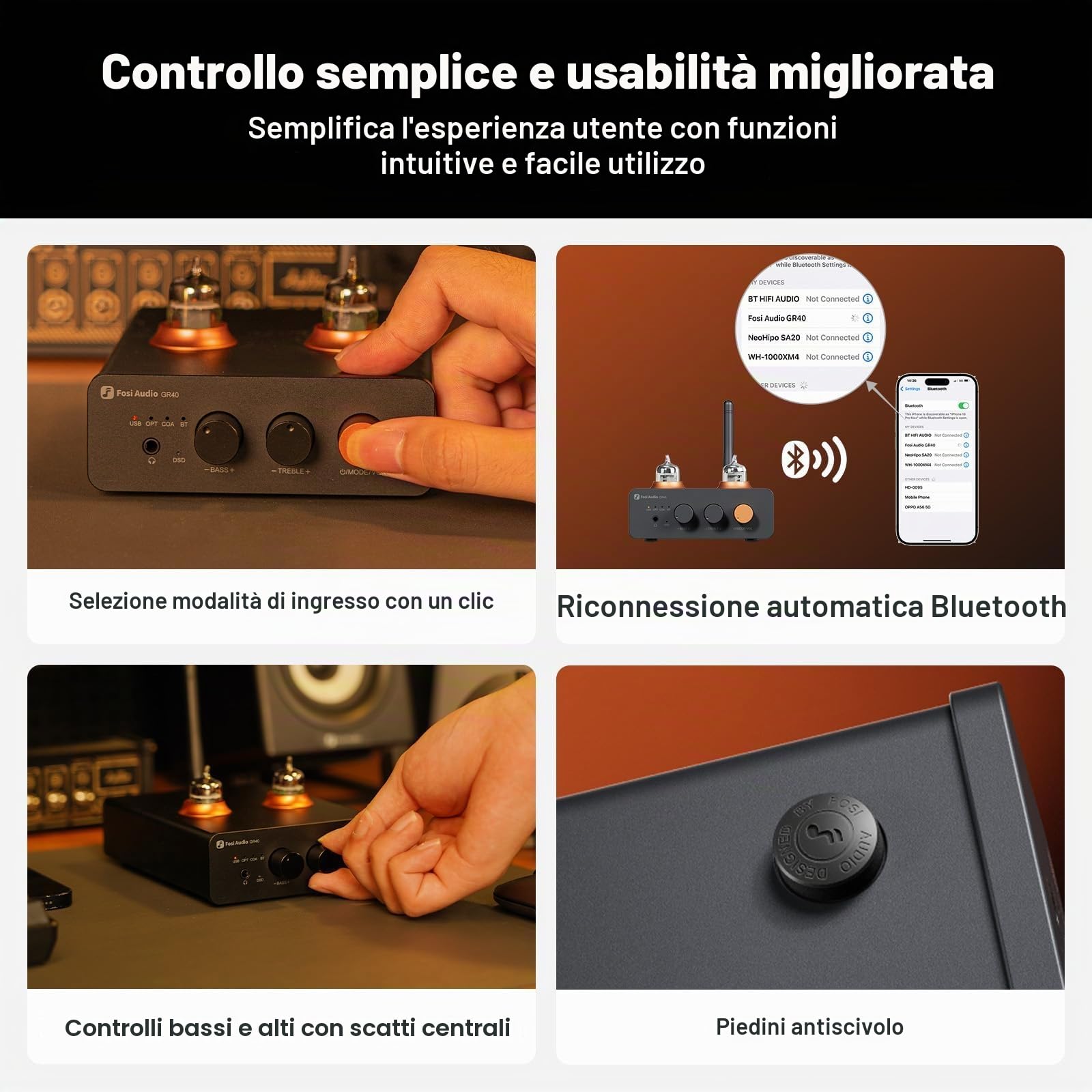 Fosi Audio GR40 Preamplificatore a Valvole con DAC, Amplificatore Cuffie, Convertitore Audio Bluetooth USB/OPT/COAX