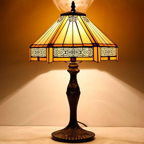 Miniatura 2 de WERFACTORY Tiffany - Lámpara de mesa hexagonal amarilla estilo misión de vitral, lámpara de mesa de escritorio, luz de lectura de 12 x 10 x 18