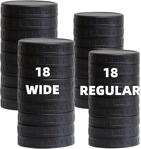 Paquete de 36 tapas de plástico negro para tarros Mason con anillos de silicona, 18 tapas de boca ancha y 18 tapas de tarro Mason de boca regular,