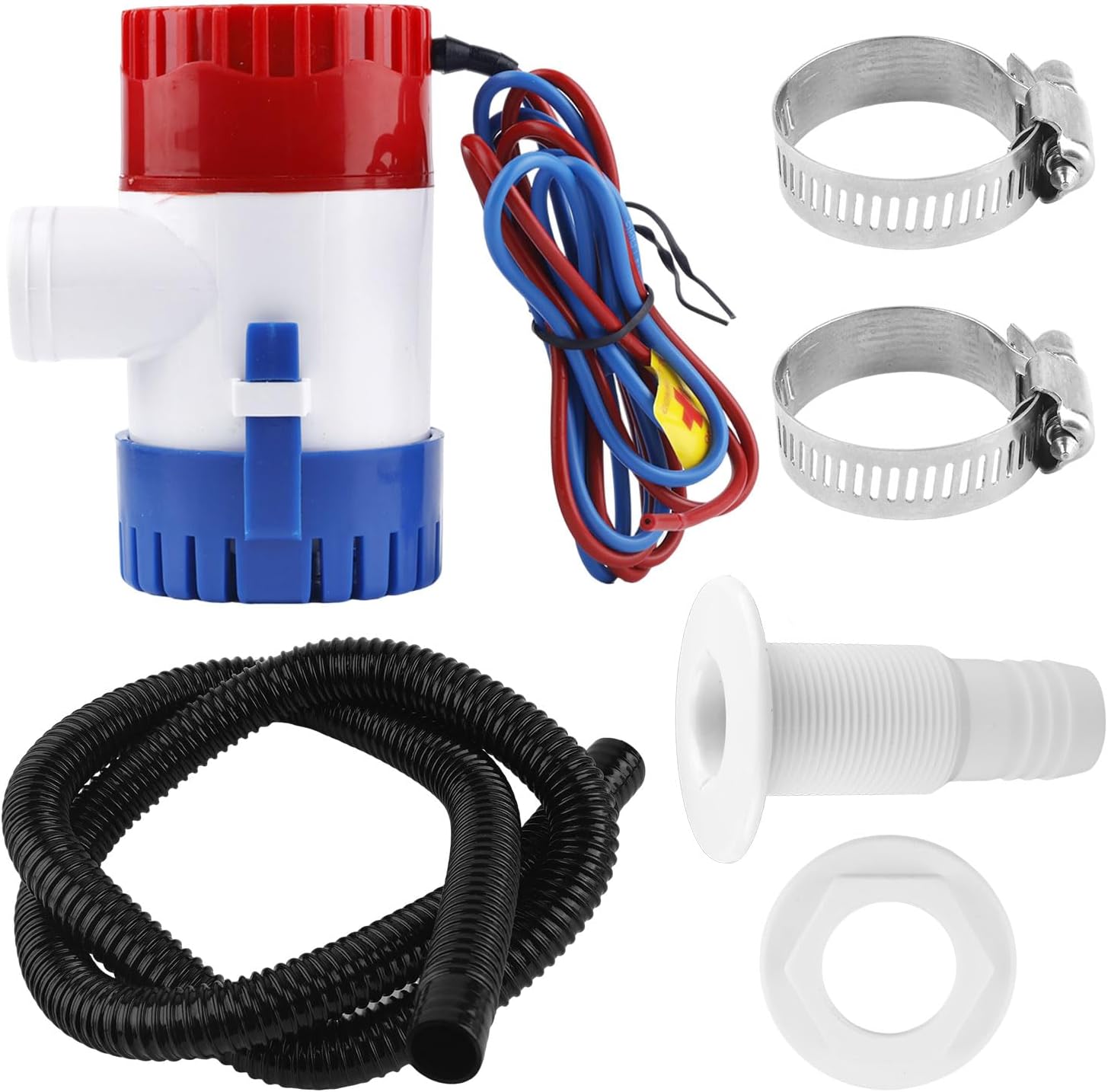 Bilge Pump Hose for Boat, Boat Hull Bilge Pump 12v Plumbing Kit Including 1 Submersible Tool 2 Hoops, Water Pipe, Connector, Gasket Thru Clamps, Ideal for Runabouts, Cruisers Fittings Accessories