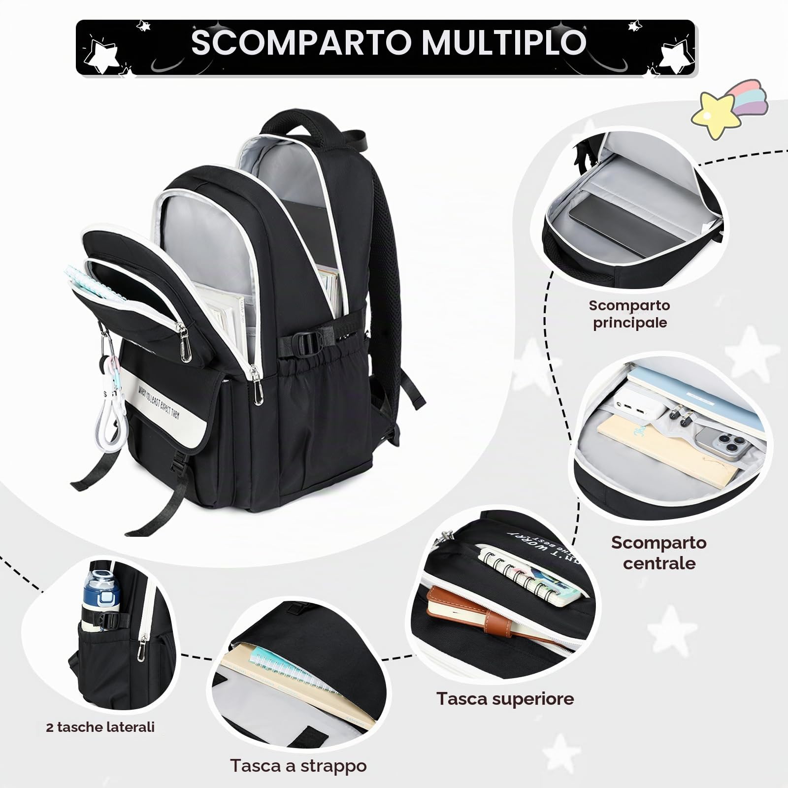 Tanou Zaino Ragazza Scuola Media e Superiore | Zaini Grande in Nylon per Ragazze Adolescenti, Zaino Casual Impermeabile per la Scuola Viaggio con Tasca Porta Pc, Nero